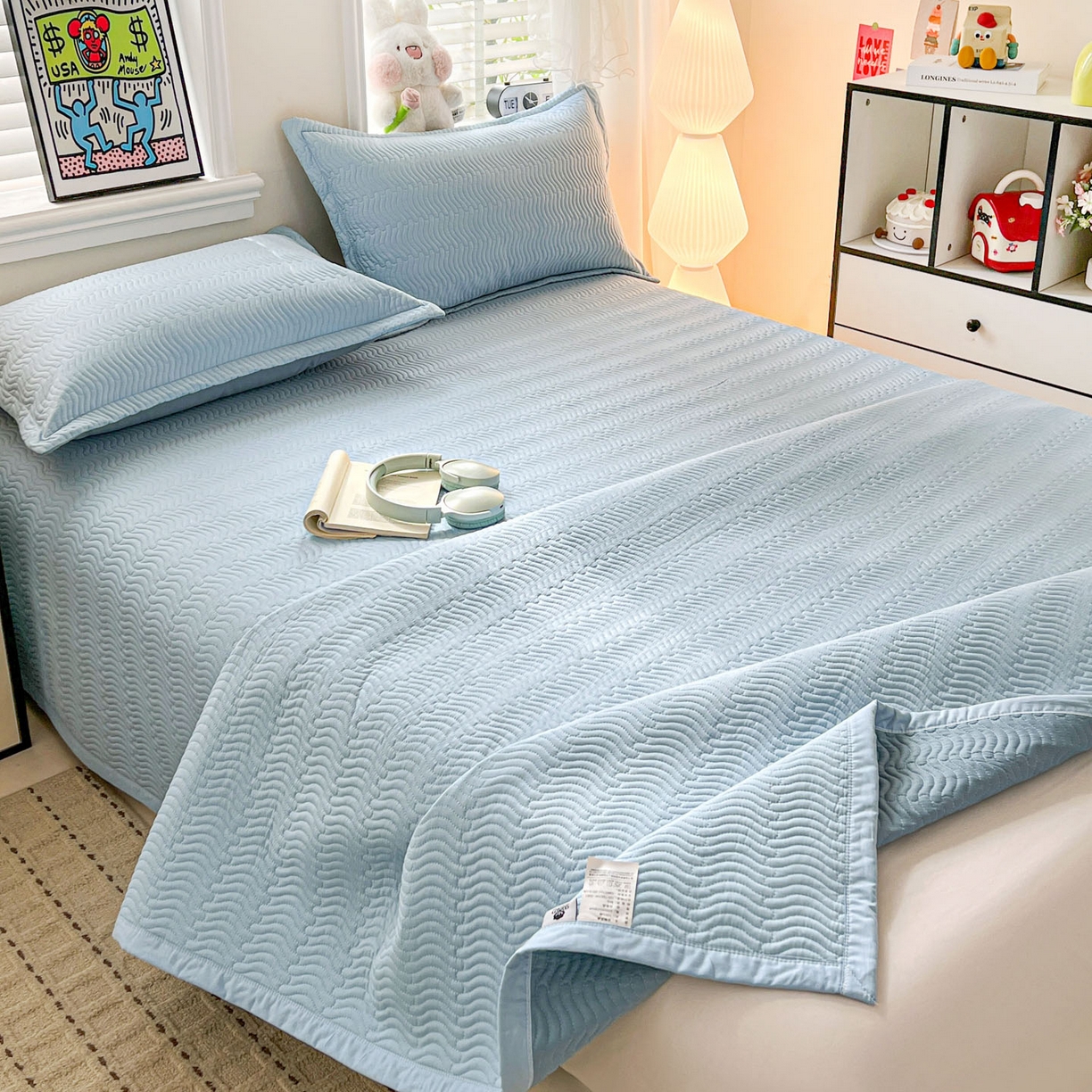 91家纺网 家纺一手货源 找家纺 梦精灵家纺 2026新款纯色全棉床盖单件纯棉绗缝夹棉床单 四季通用榻榻米防滑学生宿舍单人床盖枕套 素境-蓝