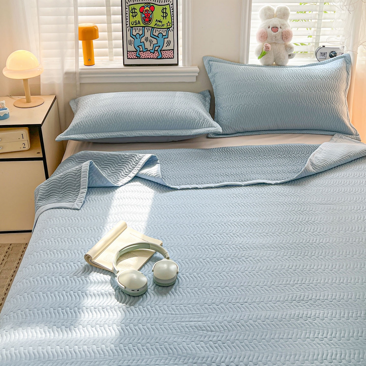 91家纺网 家纺一手货源 找家纺 梦精灵家纺 2026新款纯色全棉床盖单件纯棉绗缝夹棉床单 四季通用榻榻米防滑学生宿舍单人床盖枕套 素境-蓝