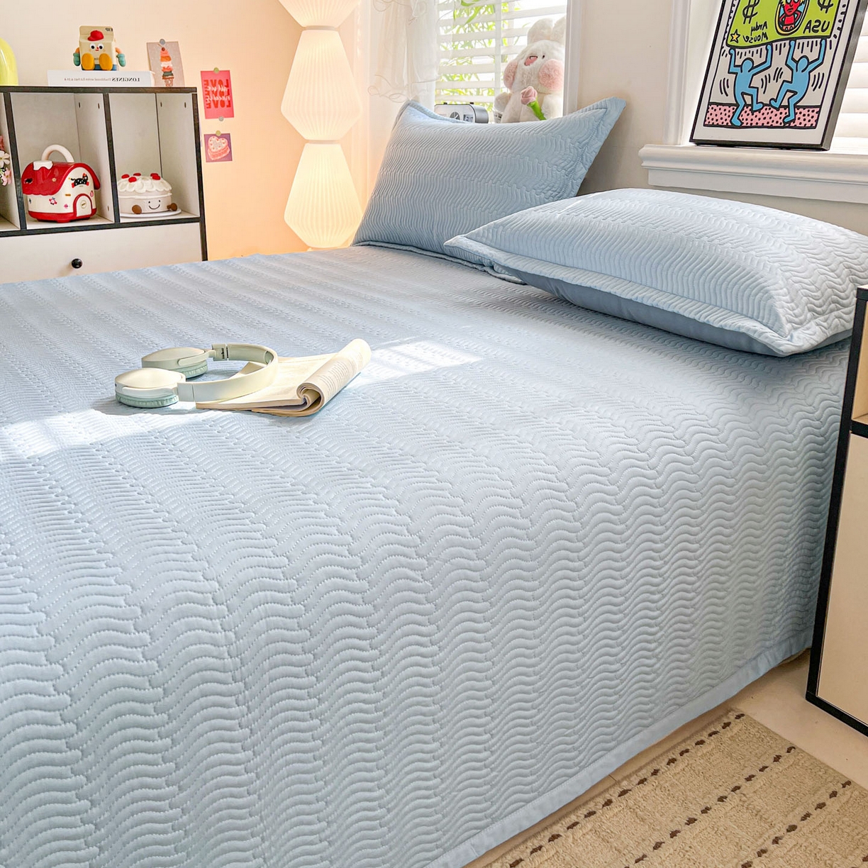 91家纺网 家纺一手货源 找家纺 梦精灵家纺 2026新款纯色全棉床盖单件纯棉绗缝夹棉床单 四季通用榻榻米防滑学生宿舍单人床盖枕套 素境-蓝