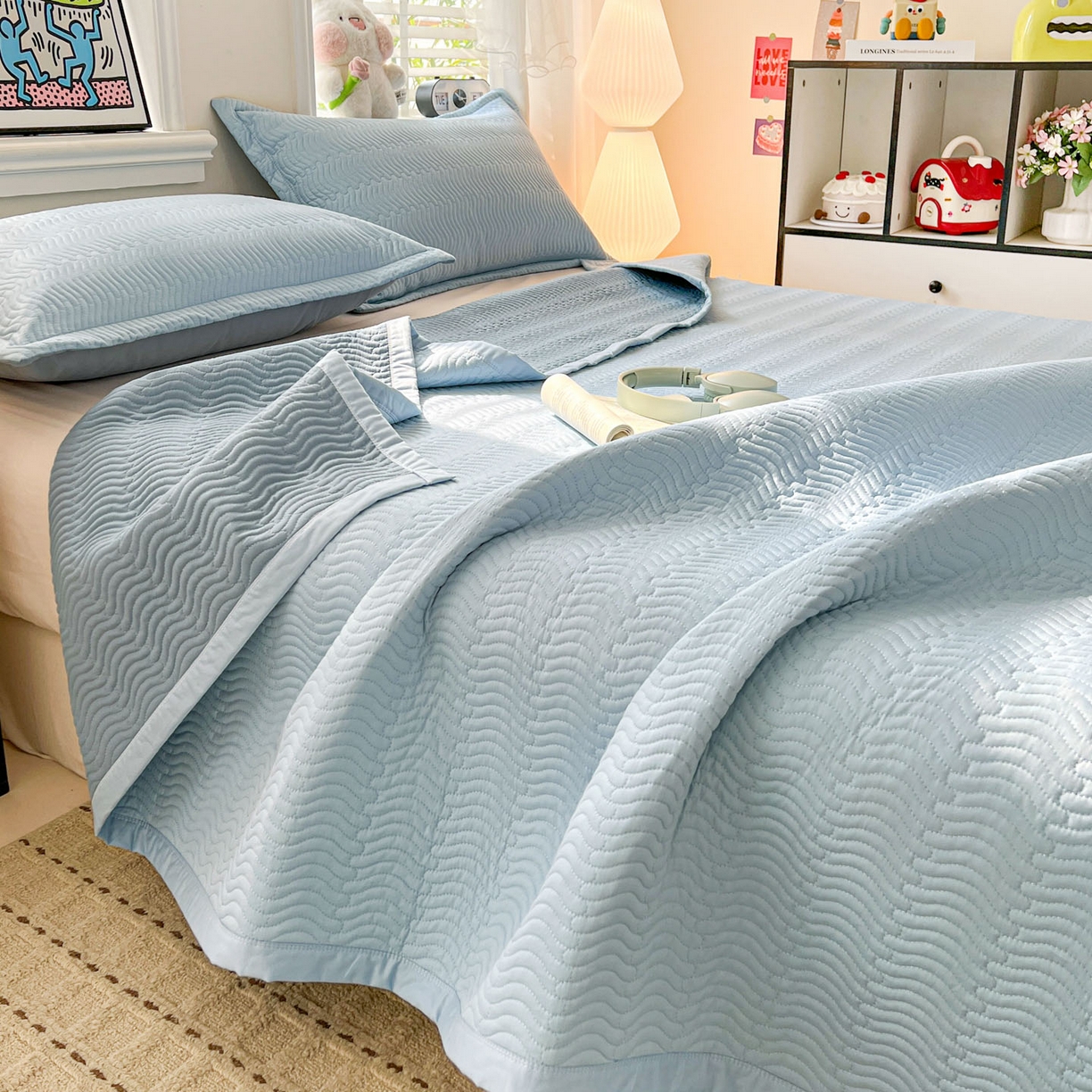 91家纺网 家纺一手货源 找家纺 梦精灵家纺 2026新款纯色全棉床盖单件纯棉绗缝夹棉床单 四季通用榻榻米防滑学生宿舍单人床盖枕套 素境-蓝