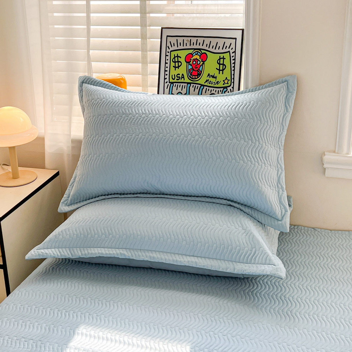 91家纺网 家纺一手货源 找家纺 梦精灵家纺 2026新款纯色全棉床盖单件纯棉绗缝夹棉床单 四季通用榻榻米防滑学生宿舍单人床盖枕套 素境-蓝