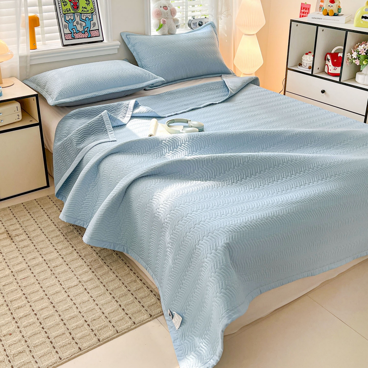 91家纺网 家纺一手货源 找家纺 梦精灵家纺 2026新款纯色全棉床盖单件纯棉绗缝夹棉床单 四季通用榻榻米防滑学生宿舍单人床盖枕套 素境-蓝