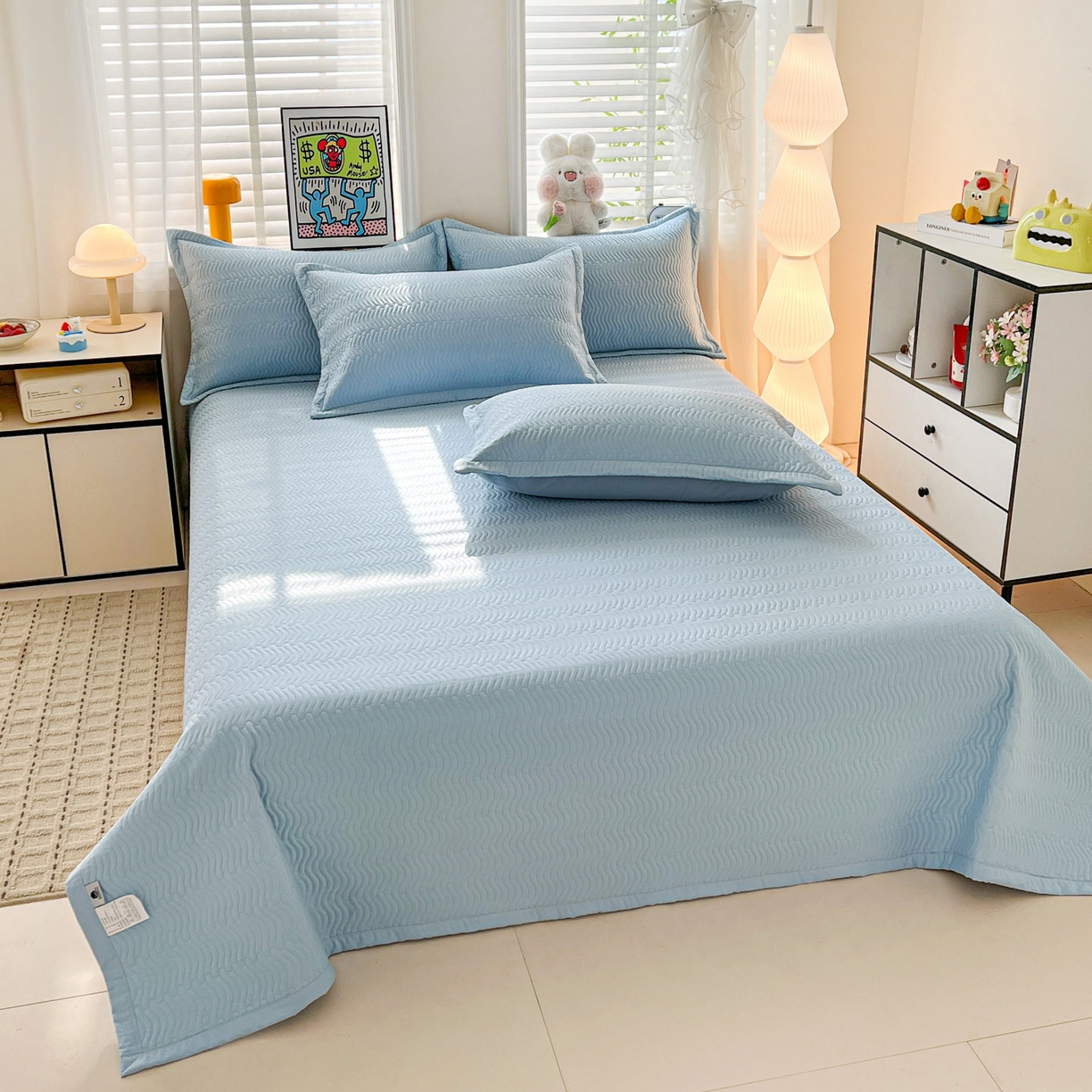 91家纺网 家纺一手货源 找家纺 梦精灵家纺 2026新款纯色全棉床盖单件纯棉绗缝夹棉床单 四季通用榻榻米防滑学生宿舍单人床盖枕套 素境-蓝