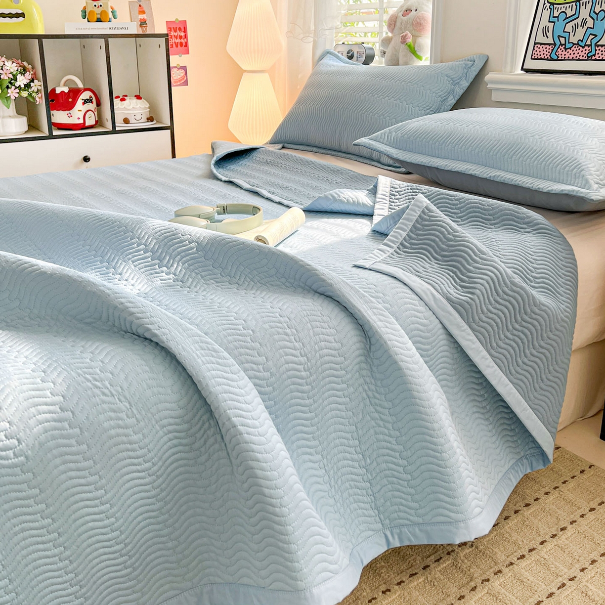 91家纺网 家纺一手货源 找家纺 梦精灵家纺 2026新款纯色全棉床盖单件纯棉绗缝夹棉床单 四季通用榻榻米防滑学生宿舍单人床盖枕套 素境-蓝