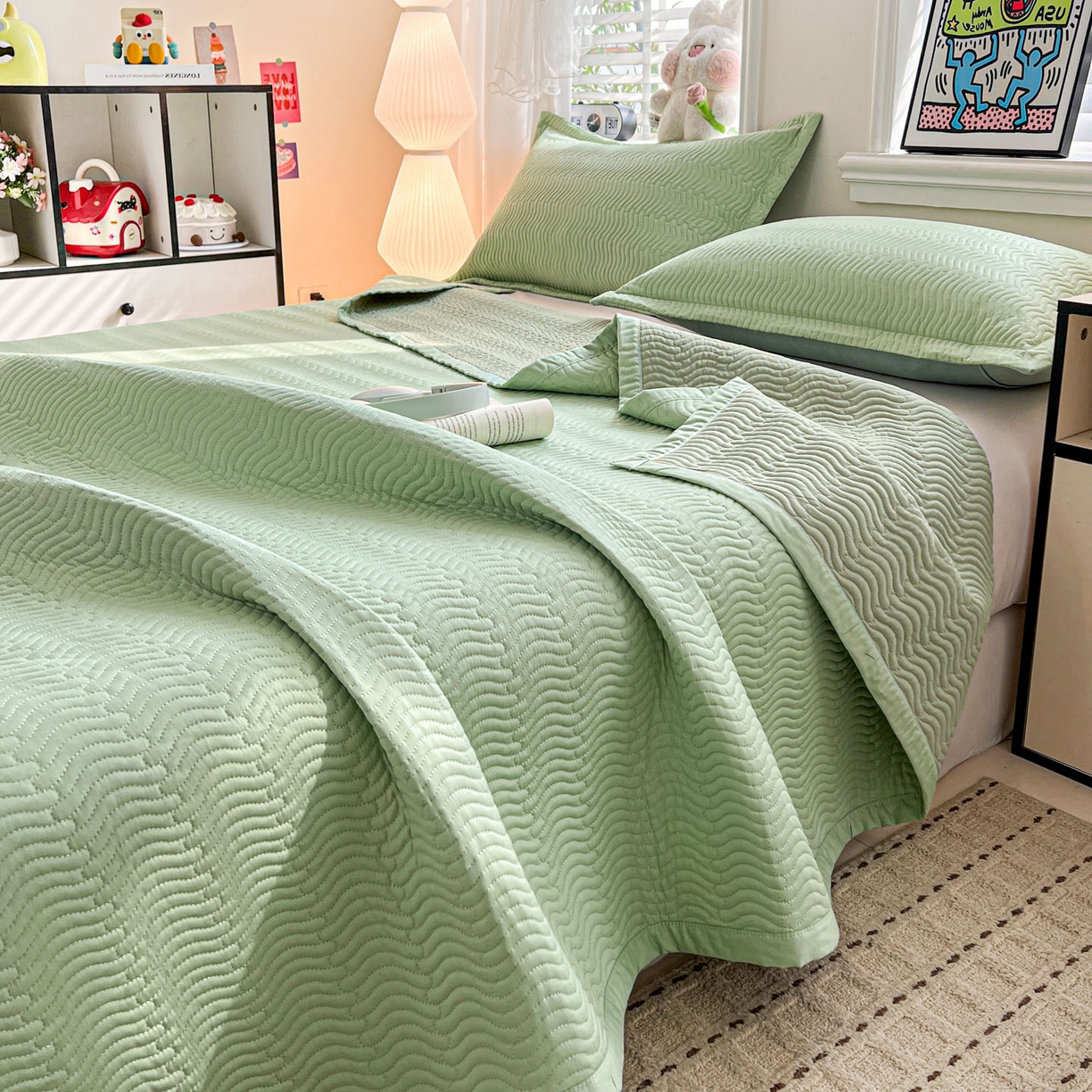 梦精灵家纺 2026新款纯色全棉床盖单件纯棉绗缝夹棉床单 四季通用榻榻米防滑学生宿舍单人床盖枕套 素境-绿