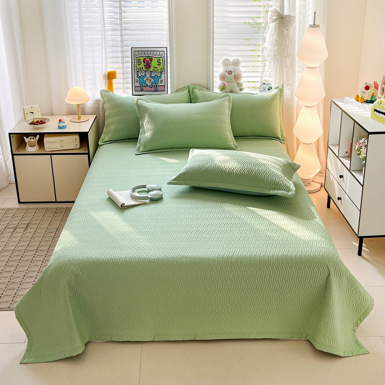 91家纺网 家纺一手货源 找家纺 梦精灵家纺 2026新款纯色全棉床盖单件纯棉绗缝夹棉床单 四季通用榻榻米防滑学生宿舍单人床盖枕套 素境-绿