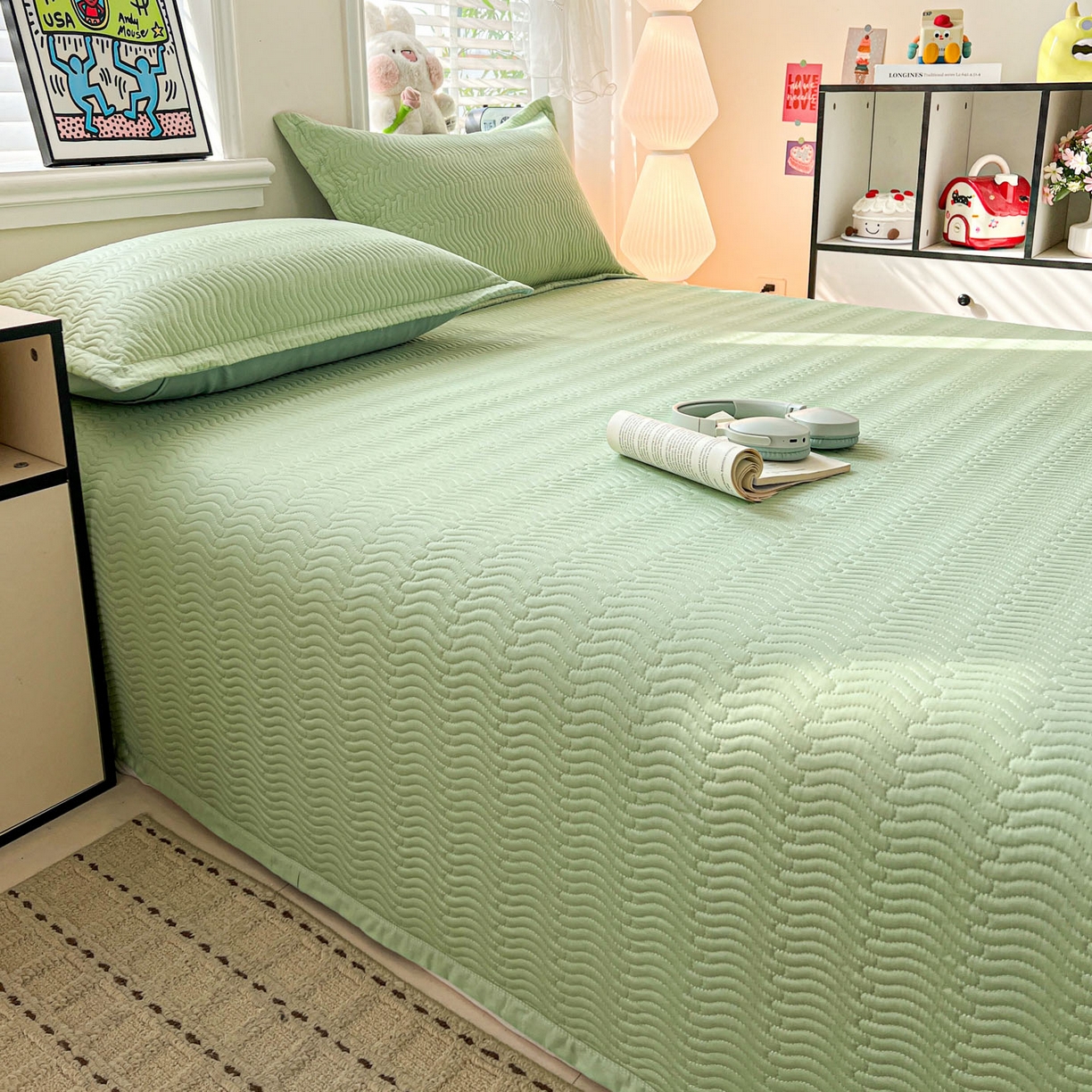 91家纺网 家纺一手货源 找家纺 梦精灵家纺 2026新款纯色全棉床盖单件纯棉绗缝夹棉床单 四季通用榻榻米防滑学生宿舍单人床盖枕套 素境-绿