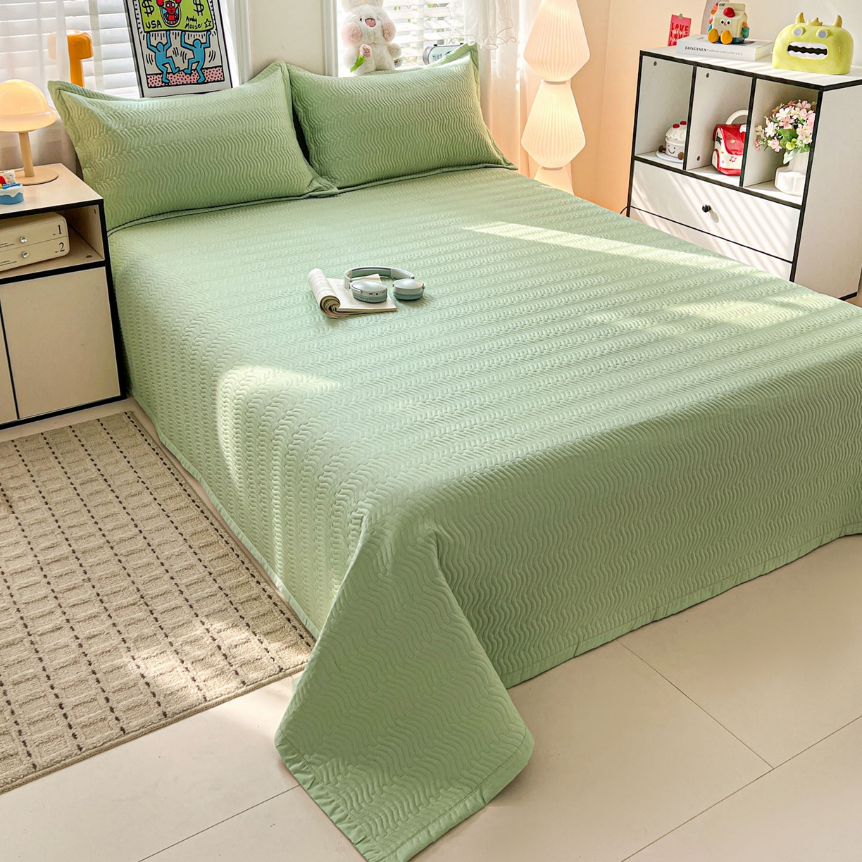 91家纺网 家纺一手货源 找家纺 梦精灵家纺 2026新款纯色全棉床盖单件纯棉绗缝夹棉床单 四季通用榻榻米防滑学生宿舍单人床盖枕套 素境-绿