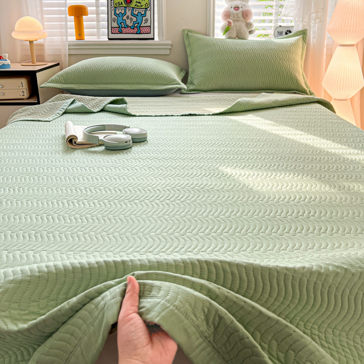 91家纺网 家纺一手货源 找家纺 梦精灵家纺 2026新款纯色全棉床盖单件纯棉绗缝夹棉床单 四季通用榻榻米防滑学生宿舍单人床盖枕套 素境-绿