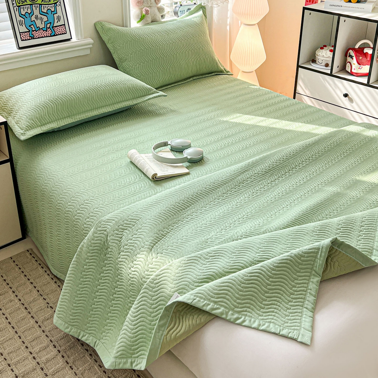 91家纺网 家纺一手货源 找家纺 梦精灵家纺 2026新款纯色全棉床盖单件纯棉绗缝夹棉床单 四季通用榻榻米防滑学生宿舍单人床盖枕套 素境-绿