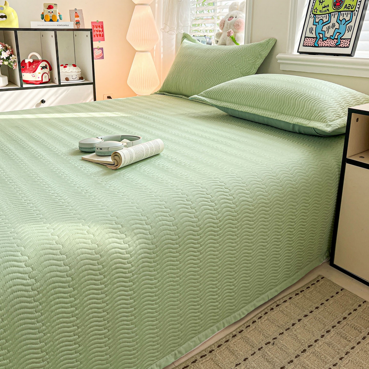 91家纺网 家纺一手货源 找家纺 梦精灵家纺 2026新款纯色全棉床盖单件纯棉绗缝夹棉床单 四季通用榻榻米防滑学生宿舍单人床盖枕套 素境-绿