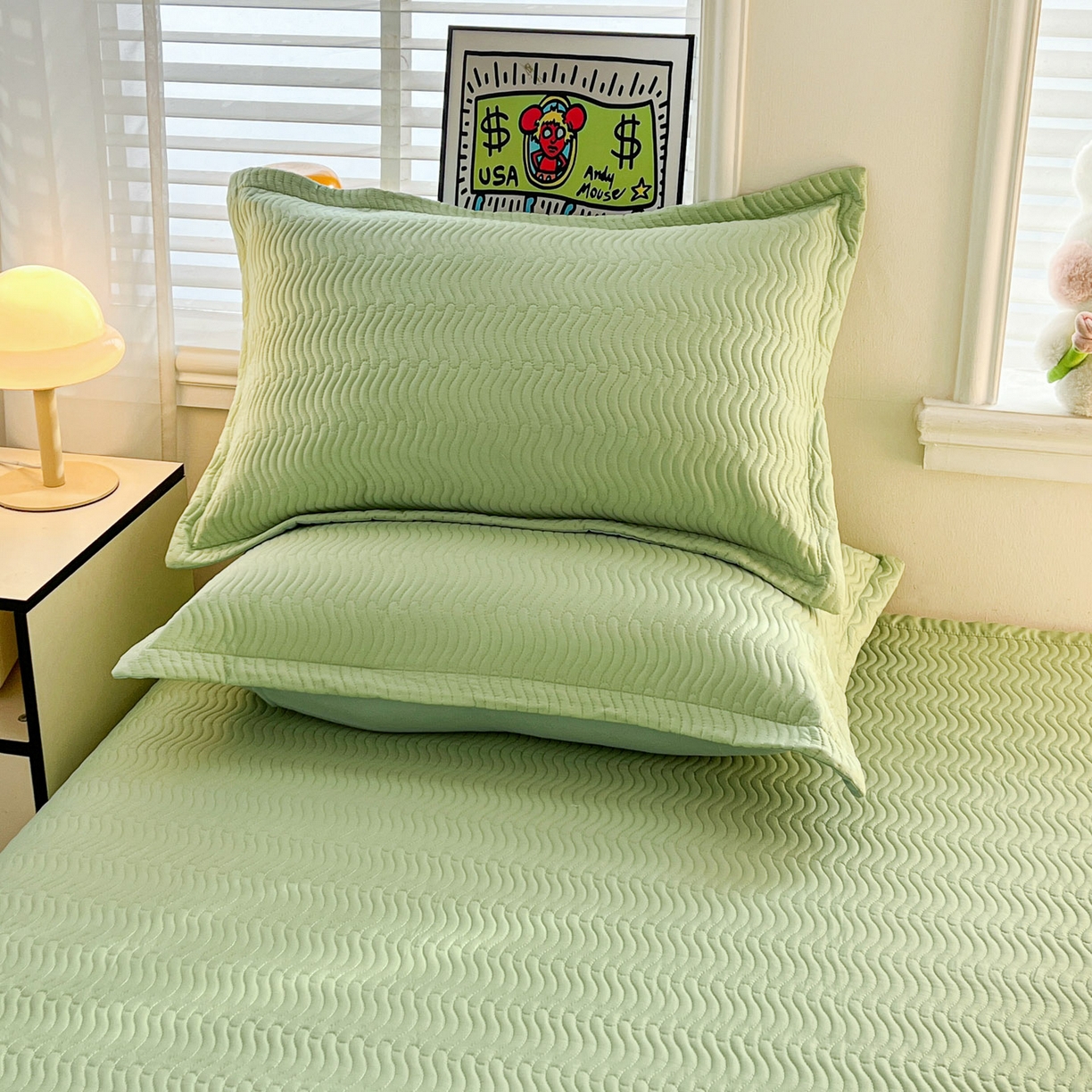 91家纺网 家纺一手货源 找家纺 梦精灵家纺 2026新款纯色全棉床盖单件纯棉绗缝夹棉床单 四季通用榻榻米防滑学生宿舍单人床盖枕套 素境-绿