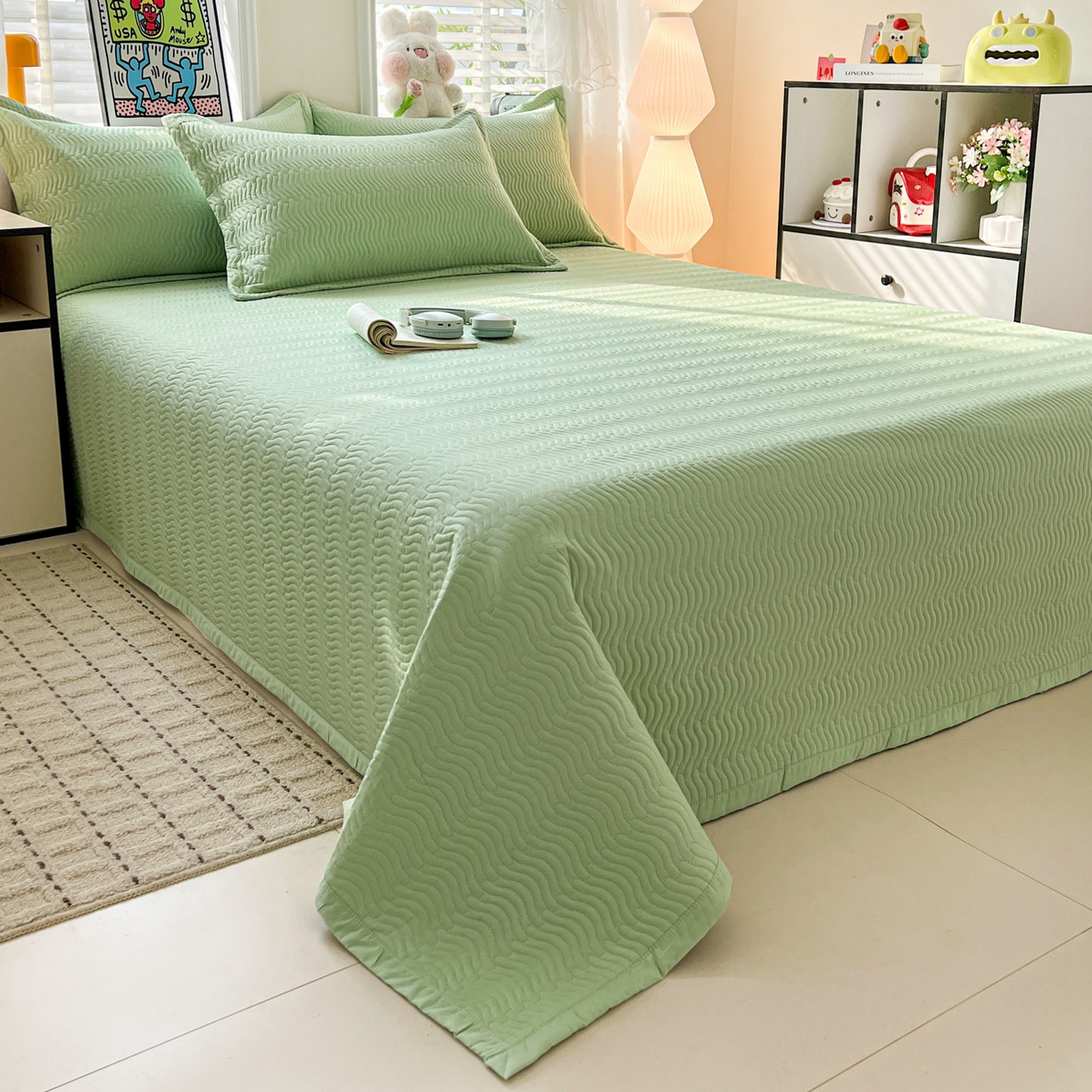 91家纺网 家纺一手货源 找家纺 梦精灵家纺 2026新款纯色全棉床盖单件纯棉绗缝夹棉床单 四季通用榻榻米防滑学生宿舍单人床盖枕套 素境-绿