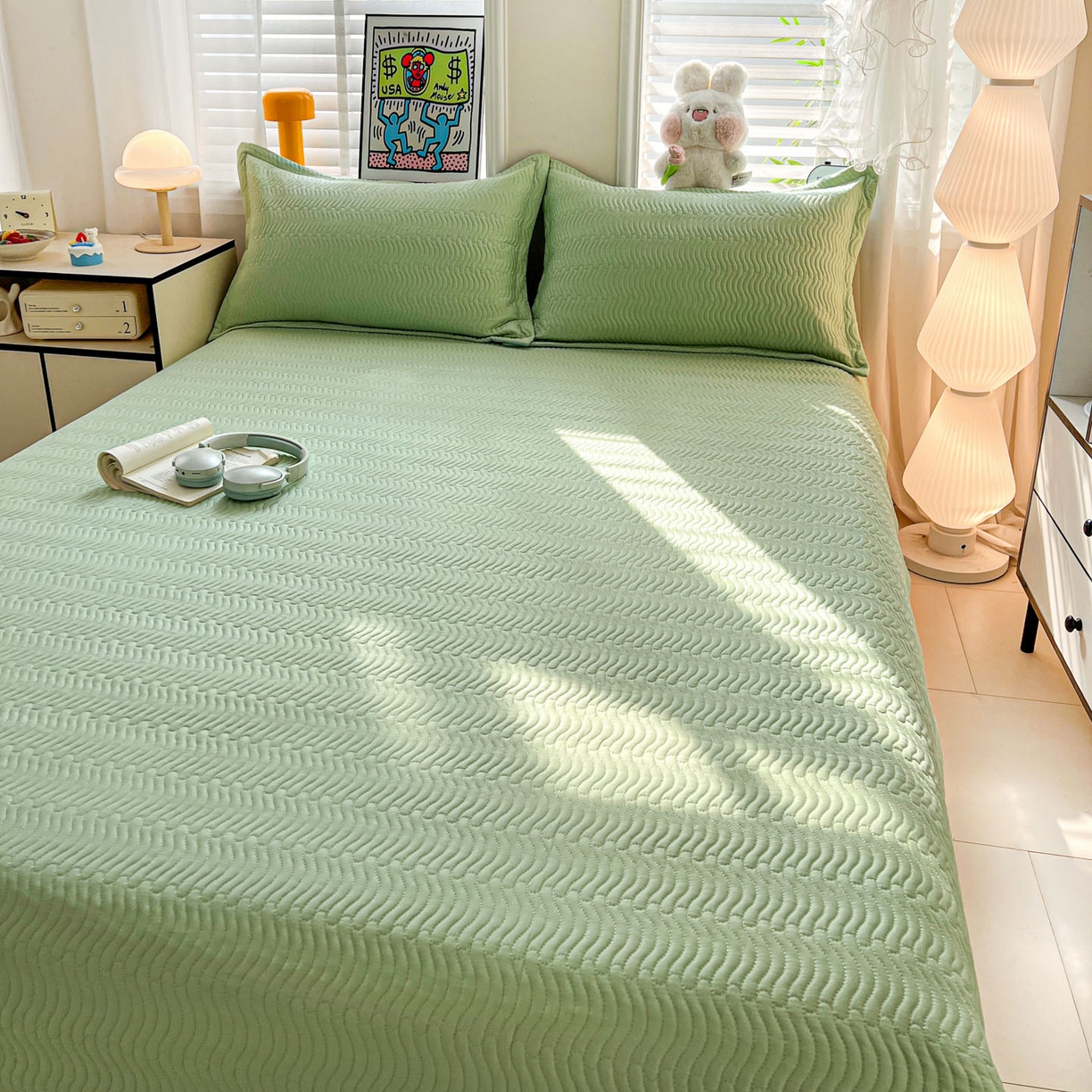 91家纺网 家纺一手货源 找家纺 梦精灵家纺 2026新款纯色全棉床盖单件纯棉绗缝夹棉床单 四季通用榻榻米防滑学生宿舍单人床盖枕套 素境-绿