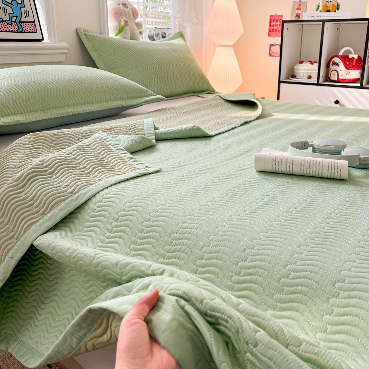 91家纺网 家纺一手货源 找家纺 梦精灵家纺 2026新款纯色全棉床盖单件纯棉绗缝夹棉床单 四季通用榻榻米防滑学生宿舍单人床盖枕套 素境-绿