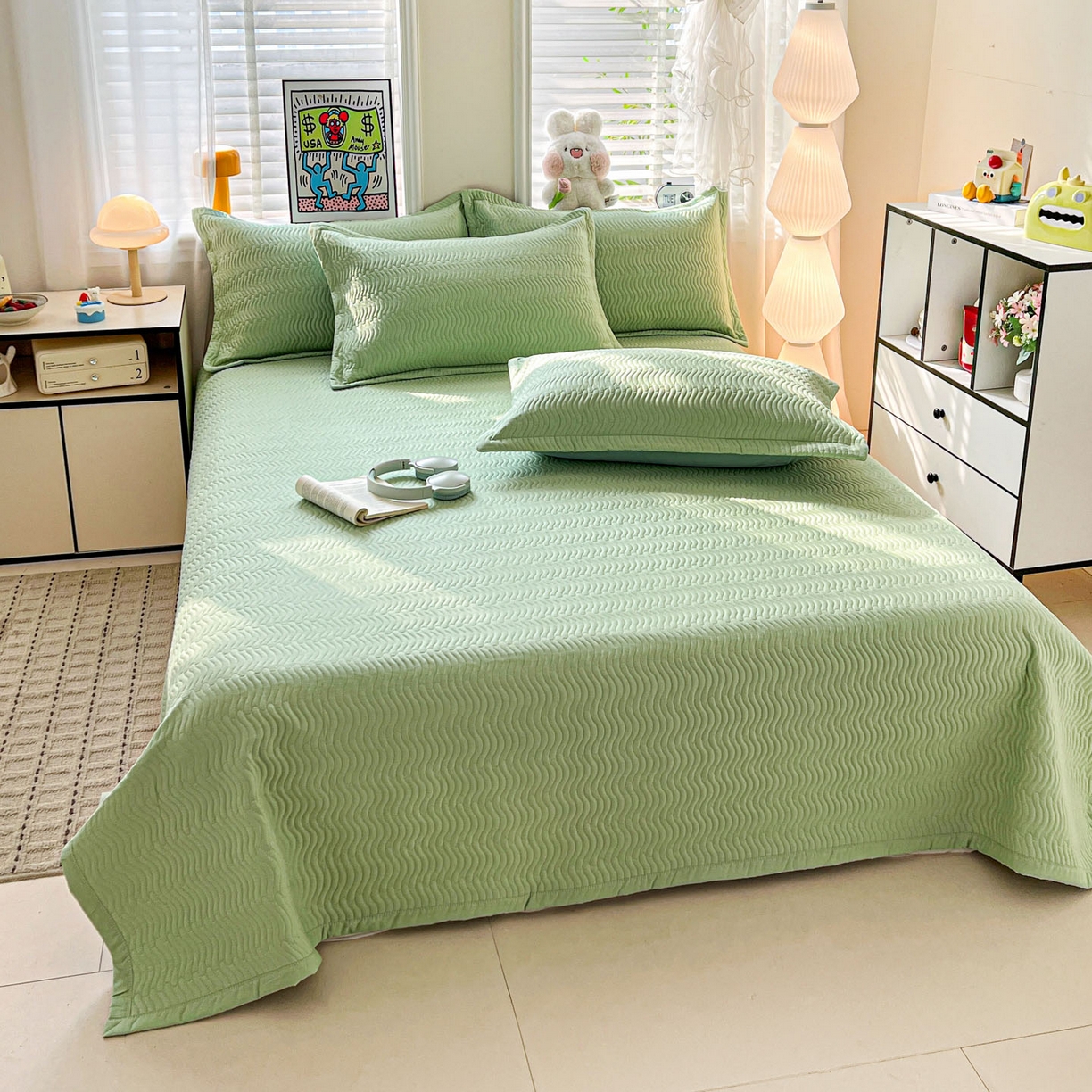 91家纺网 家纺一手货源 找家纺 梦精灵家纺 2026新款纯色全棉床盖单件纯棉绗缝夹棉床单 四季通用榻榻米防滑学生宿舍单人床盖枕套 素境-绿