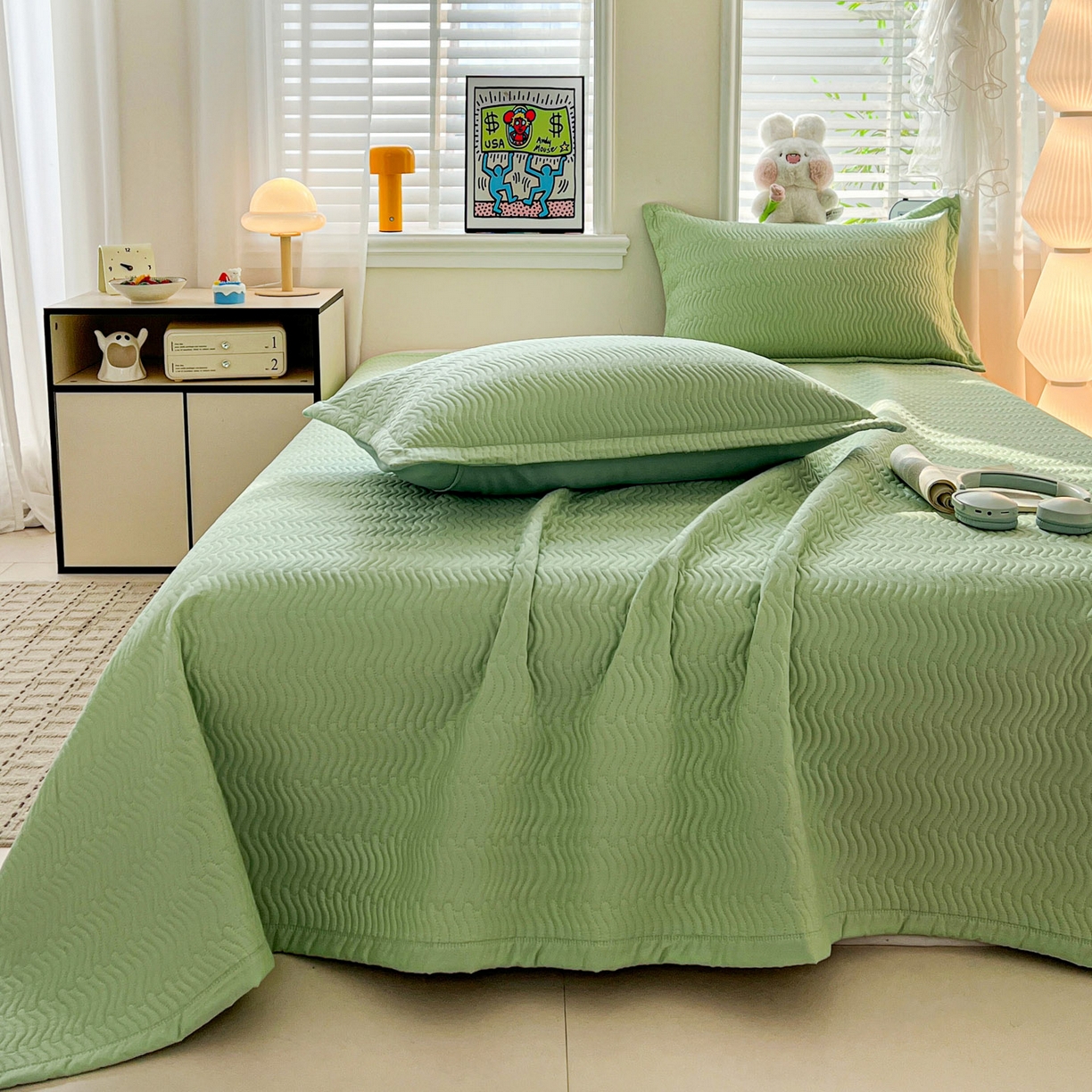 91家纺网 家纺一手货源 找家纺 梦精灵家纺 2026新款纯色全棉床盖单件纯棉绗缝夹棉床单 四季通用榻榻米防滑学生宿舍单人床盖枕套 素境-绿