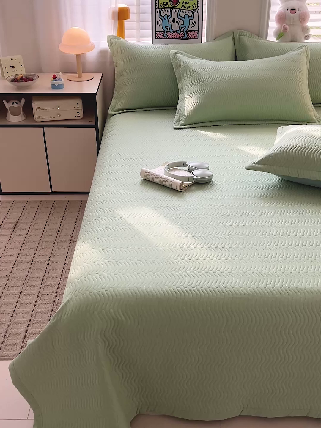 91家纺网 家纺一手货源 找家纺 梦精灵家纺 2026新款纯色全棉床盖单件纯棉绗缝夹棉床单 四季通用榻榻米防滑学生宿舍单人床盖枕套 素境-绿