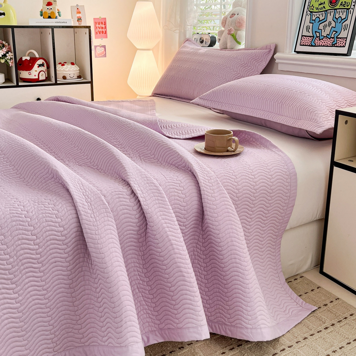 91家纺网 家纺一手货源 找家纺 梦精灵家纺 2026新款纯色全棉床盖单件纯棉绗缝夹棉床单 四季通用榻榻米防滑学生宿舍单人床盖枕套 素境-紫