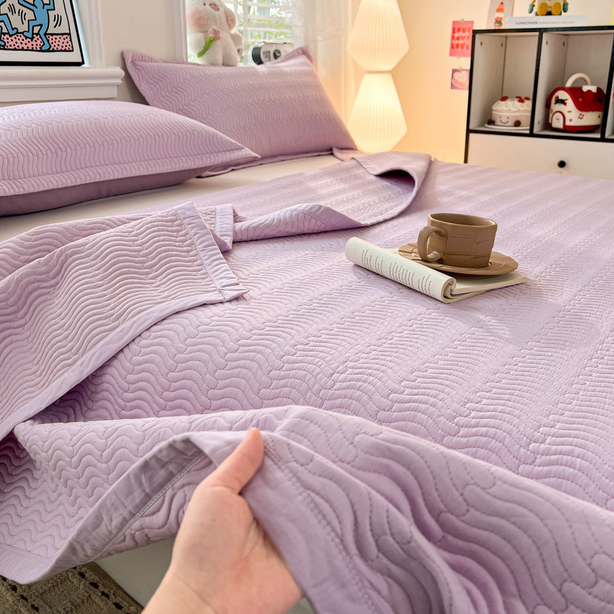 91家纺网 家纺一手货源 找家纺 梦精灵家纺 2026新款纯色全棉床盖单件纯棉绗缝夹棉床单 四季通用榻榻米防滑学生宿舍单人床盖枕套 素境-紫