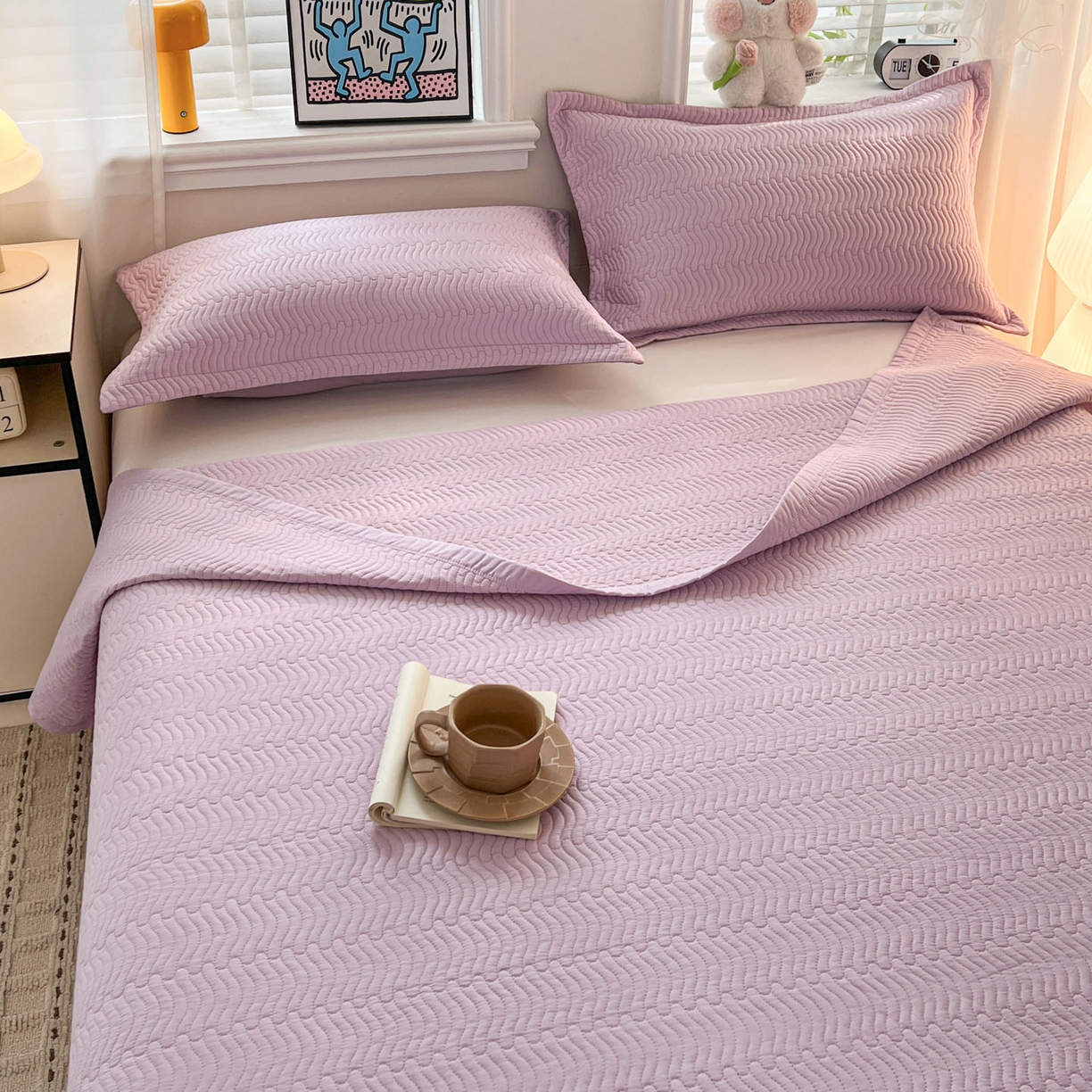 91家纺网 家纺一手货源 找家纺 梦精灵家纺 2026新款纯色全棉床盖单件纯棉绗缝夹棉床单 四季通用榻榻米防滑学生宿舍单人床盖枕套 素境-紫