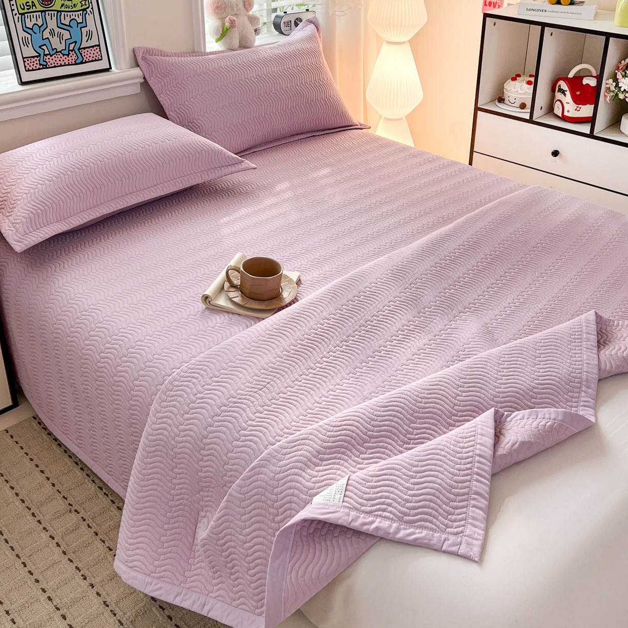 91家纺网 家纺一手货源 找家纺 梦精灵家纺 2026新款纯色全棉床盖单件纯棉绗缝夹棉床单 四季通用榻榻米防滑学生宿舍单人床盖枕套 素境-紫