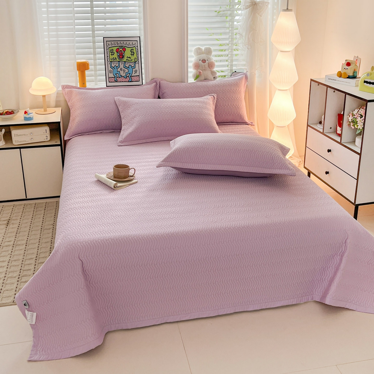 91家纺网 家纺一手货源 找家纺 梦精灵家纺 2026新款纯色全棉床盖单件纯棉绗缝夹棉床单 四季通用榻榻米防滑学生宿舍单人床盖枕套 素境-紫