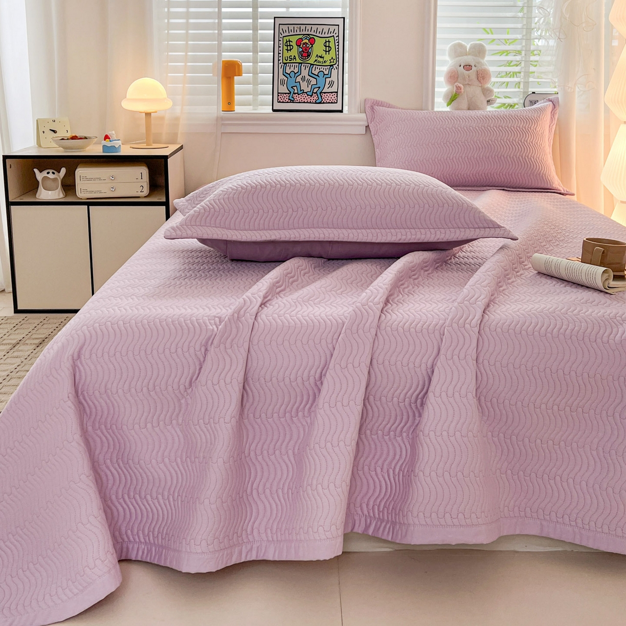 91家纺网 家纺一手货源 找家纺 梦精灵家纺 2026新款纯色全棉床盖单件纯棉绗缝夹棉床单 四季通用榻榻米防滑学生宿舍单人床盖枕套 素境-紫