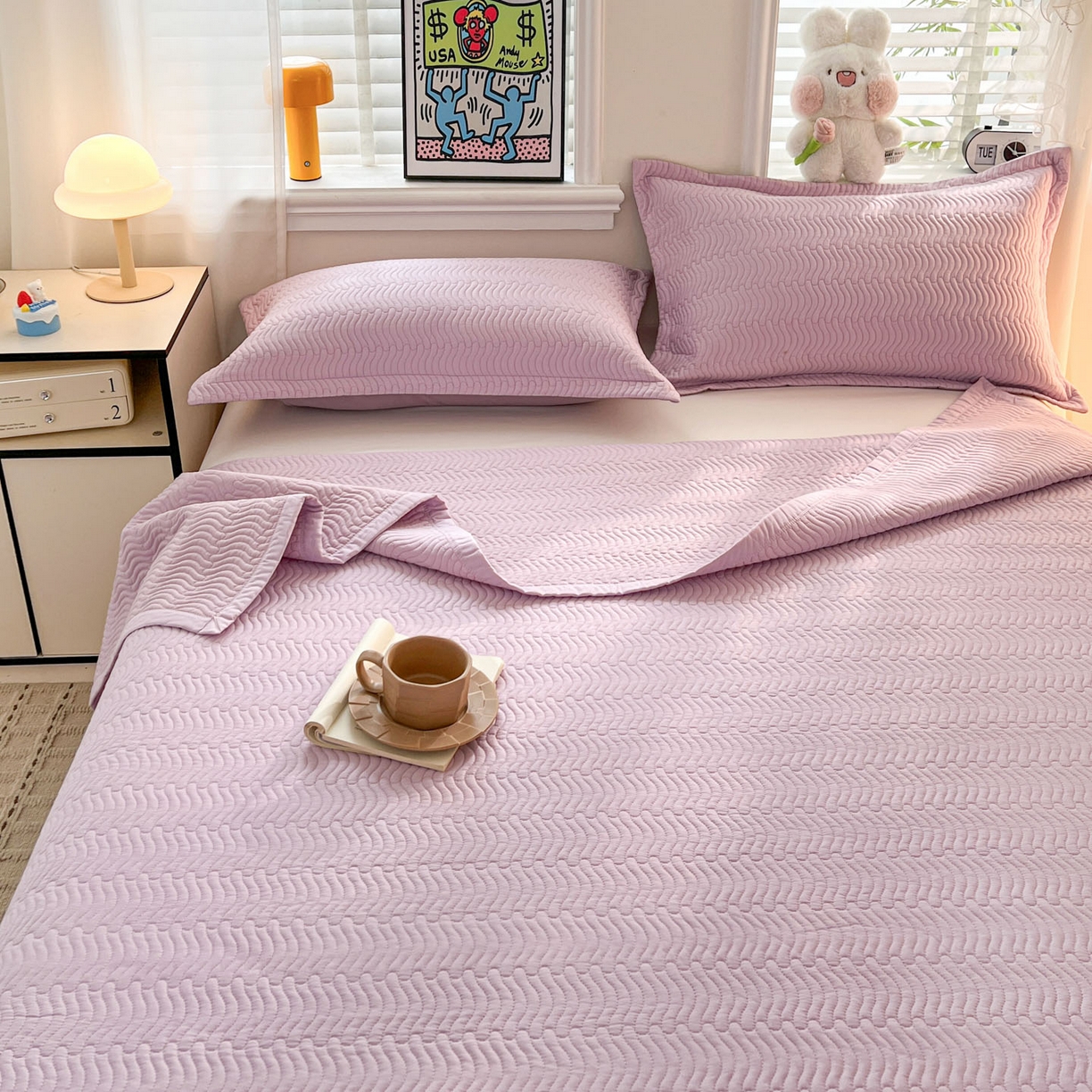 91家纺网 家纺一手货源 找家纺 梦精灵家纺 2026新款纯色全棉床盖单件纯棉绗缝夹棉床单 四季通用榻榻米防滑学生宿舍单人床盖枕套 素境-紫