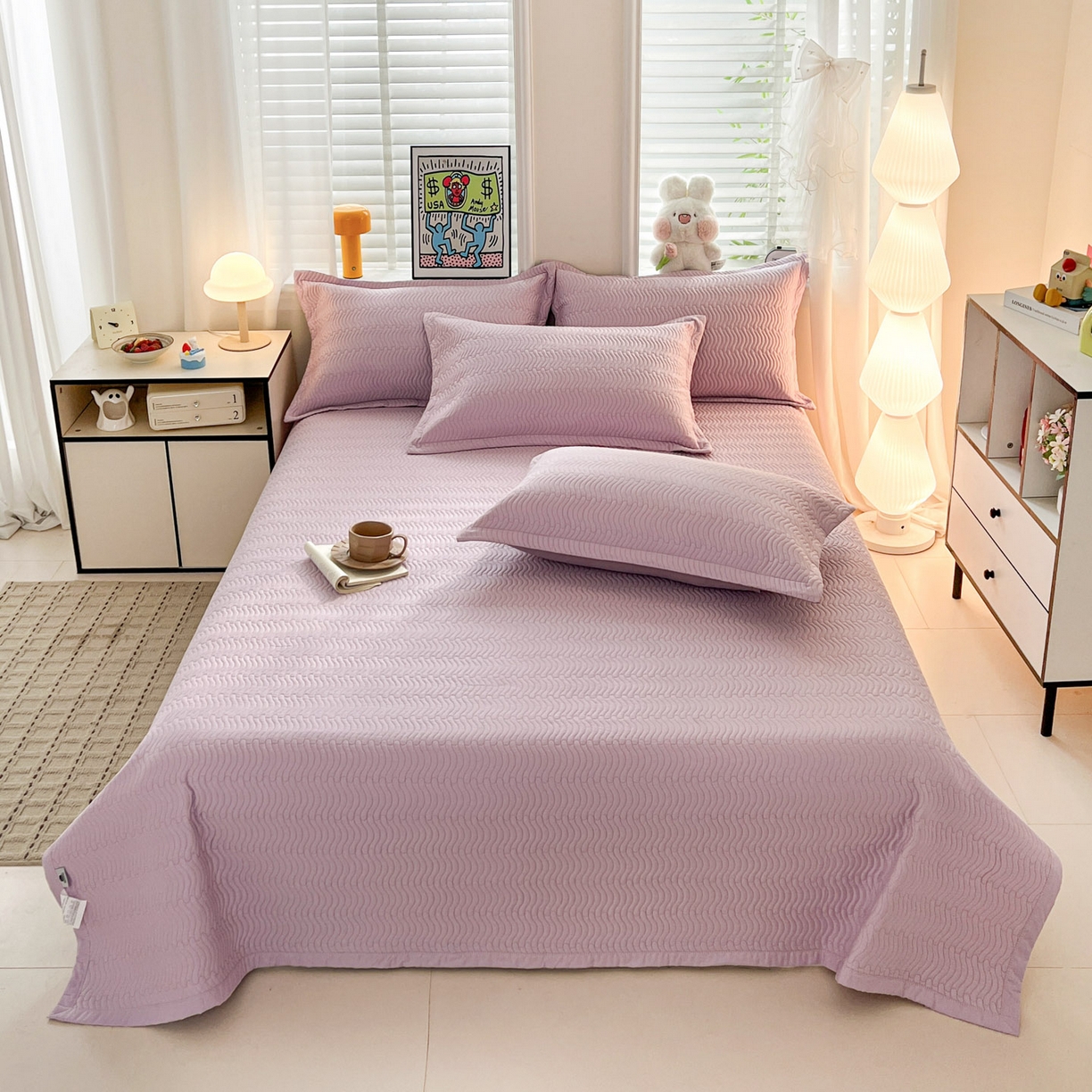 91家纺网 家纺一手货源 找家纺 梦精灵家纺 2026新款纯色全棉床盖单件纯棉绗缝夹棉床单 四季通用榻榻米防滑学生宿舍单人床盖枕套 素境-紫