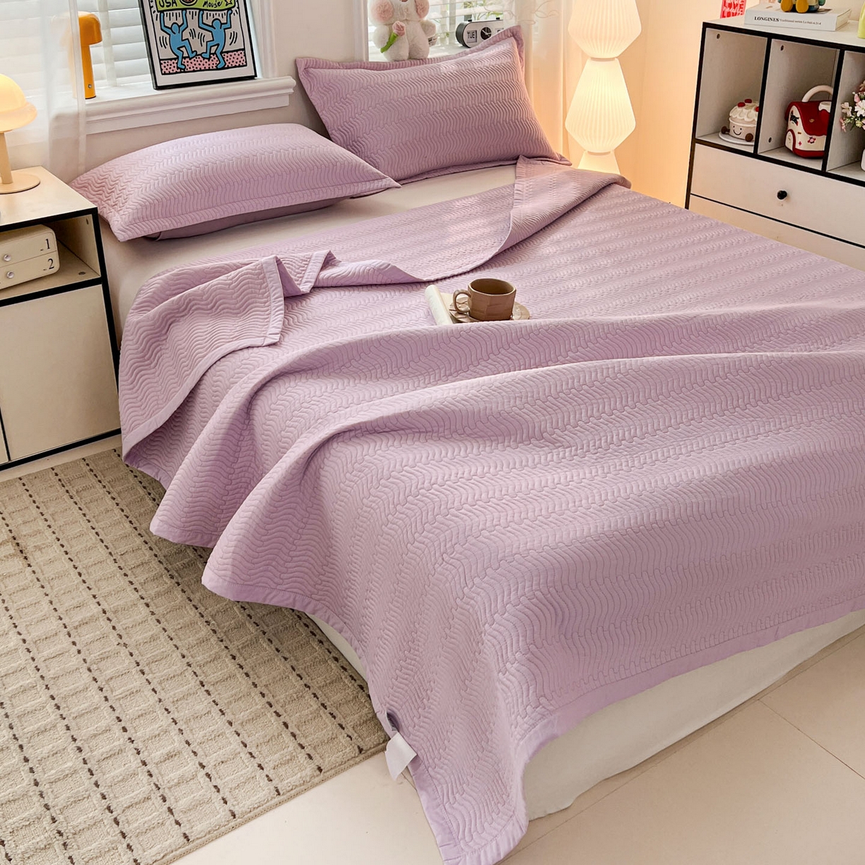 91家纺网 家纺一手货源 找家纺 梦精灵家纺 2026新款纯色全棉床盖单件纯棉绗缝夹棉床单 四季通用榻榻米防滑学生宿舍单人床盖枕套 素境-紫