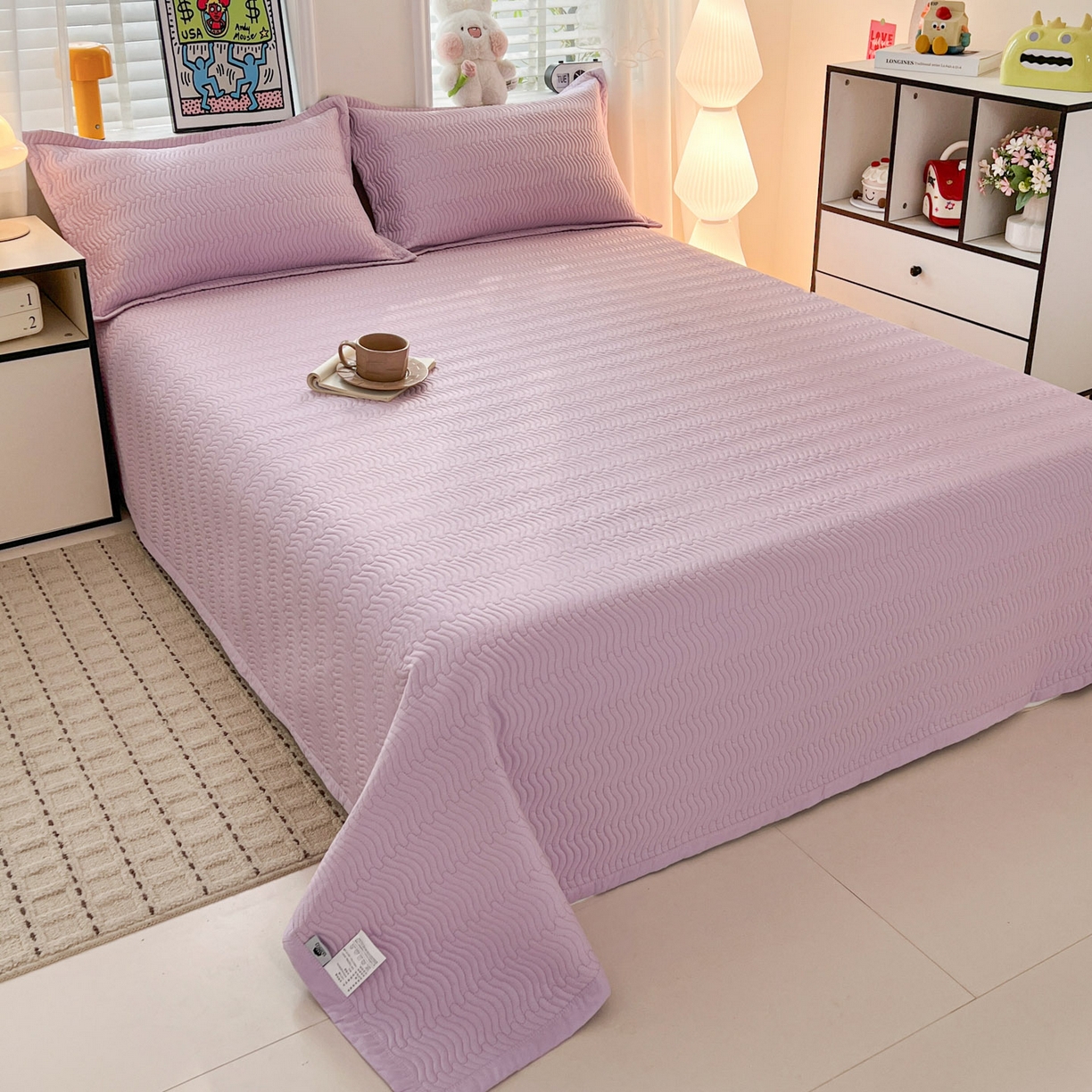 91家纺网 家纺一手货源 找家纺 梦精灵家纺 2026新款纯色全棉床盖单件纯棉绗缝夹棉床单 四季通用榻榻米防滑学生宿舍单人床盖枕套 素境-紫