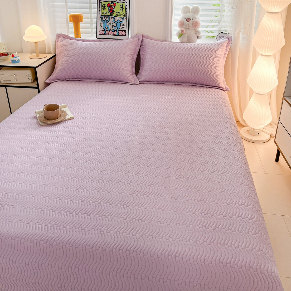 91家纺网 家纺一手货源 找家纺 梦精灵家纺 2026新款纯色全棉床盖单件纯棉绗缝夹棉床单 四季通用榻榻米防滑学生宿舍单人床盖枕套 素境-紫