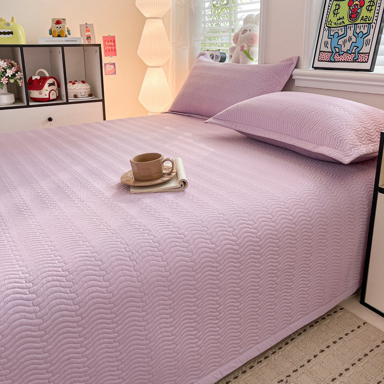 91家纺网 家纺一手货源 找家纺 梦精灵家纺 2026新款纯色全棉床盖单件纯棉绗缝夹棉床单 四季通用榻榻米防滑学生宿舍单人床盖枕套 素境-紫