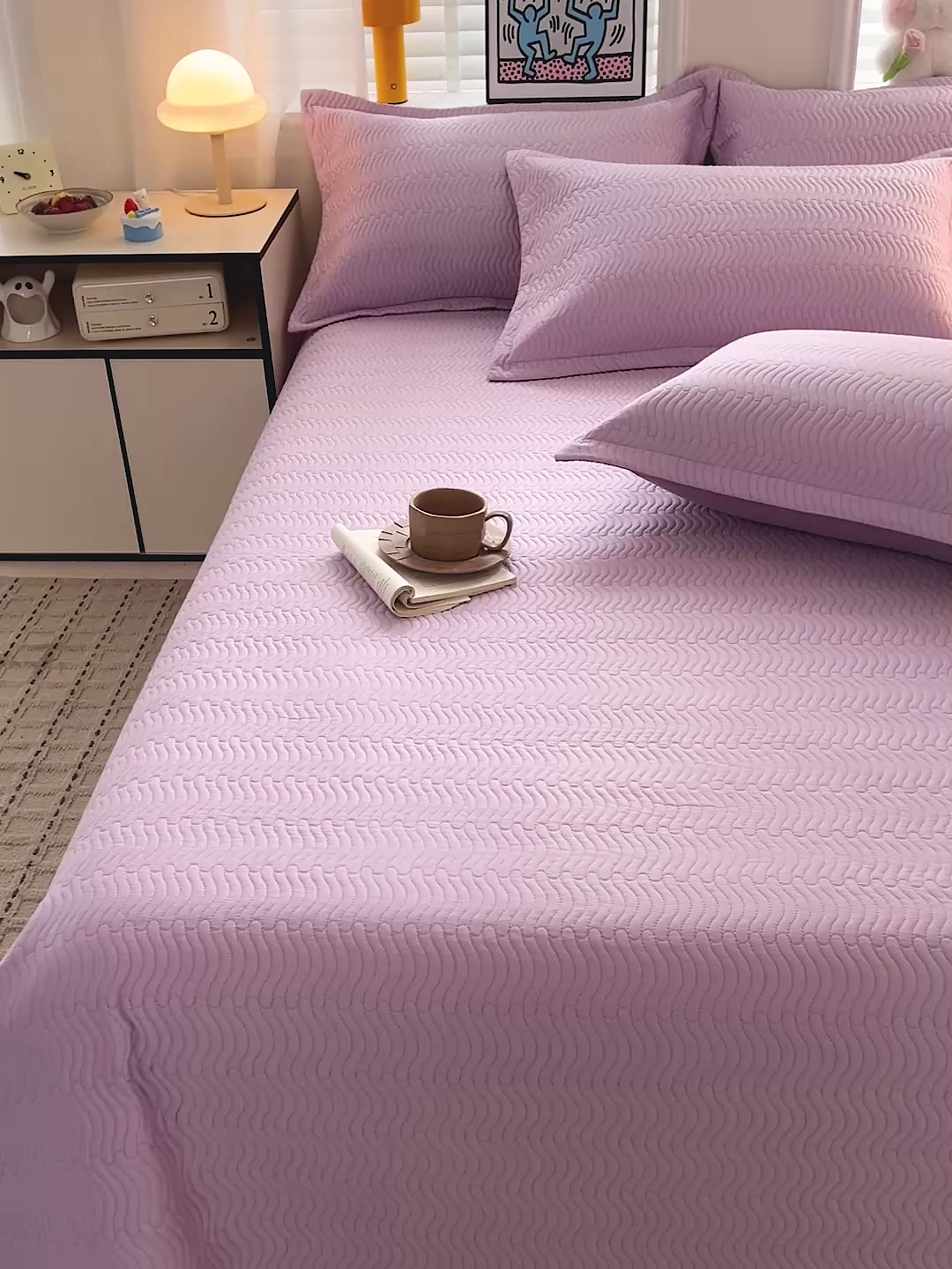 91家纺网 家纺一手货源 找家纺 梦精灵家纺 2026新款纯色全棉床盖单件纯棉绗缝夹棉床单 四季通用榻榻米防滑学生宿舍单人床盖枕套 素境-紫