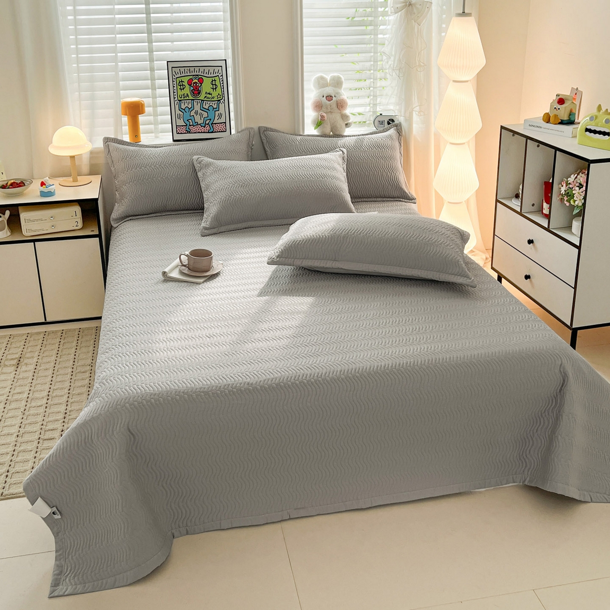 91家纺网 家纺一手货源 找家纺 梦精灵家纺 2026新款纯色全棉床盖单件纯棉绗缝夹棉床单 四季通用榻榻米防滑学生宿舍单人床盖枕套 素境-灰