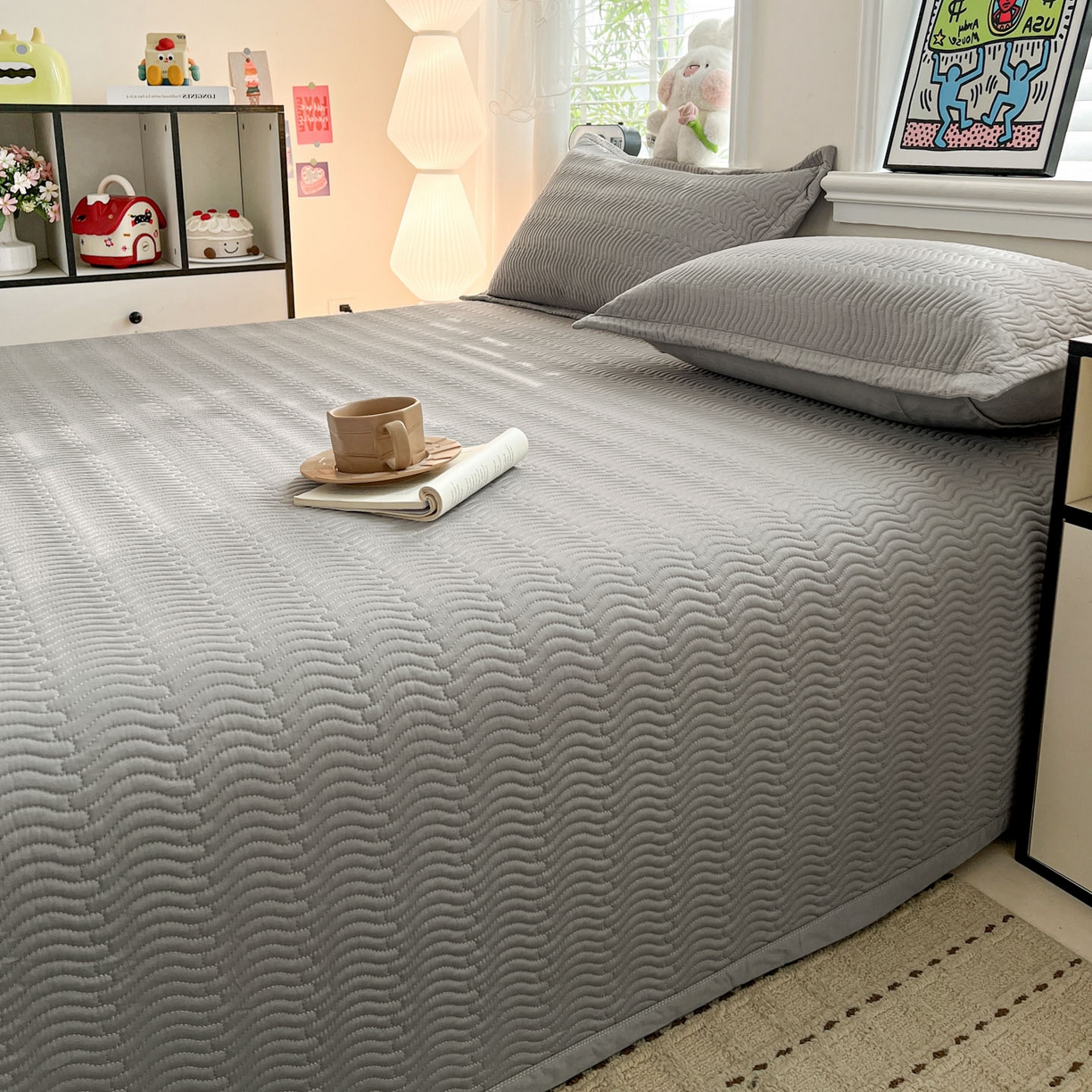 91家纺网 家纺一手货源 找家纺 梦精灵家纺 2026新款纯色全棉床盖单件纯棉绗缝夹棉床单 四季通用榻榻米防滑学生宿舍单人床盖枕套 素境-灰