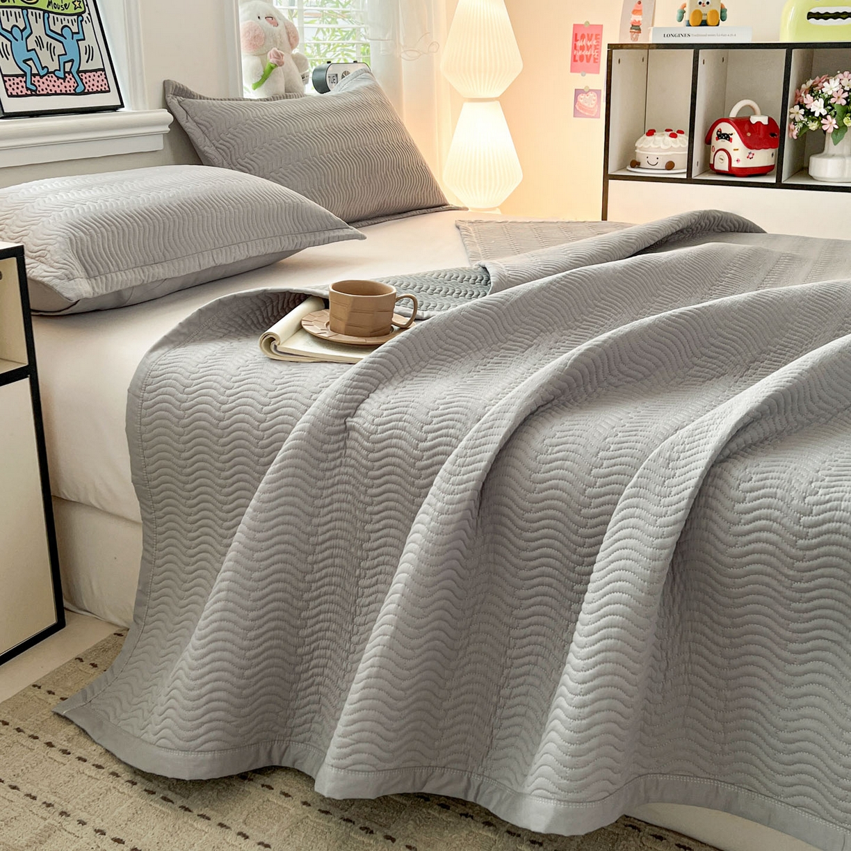 91家纺网 家纺一手货源 找家纺 梦精灵家纺 2026新款纯色全棉床盖单件纯棉绗缝夹棉床单 四季通用榻榻米防滑学生宿舍单人床盖枕套 素境-灰