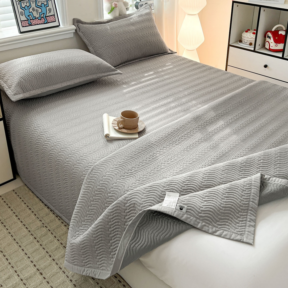 91家纺网 家纺一手货源 找家纺 梦精灵家纺 2026新款纯色全棉床盖单件纯棉绗缝夹棉床单 四季通用榻榻米防滑学生宿舍单人床盖枕套 素境-灰