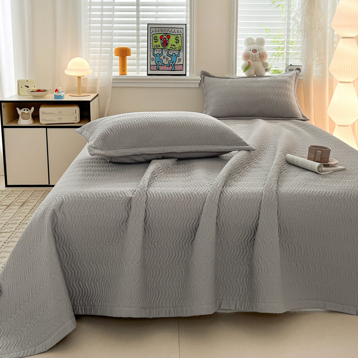 91家纺网 家纺一手货源 找家纺 梦精灵家纺 2026新款纯色全棉床盖单件纯棉绗缝夹棉床单 四季通用榻榻米防滑学生宿舍单人床盖枕套 素境-灰