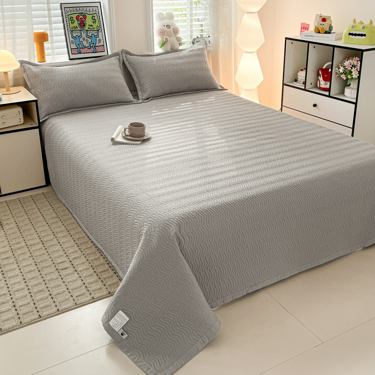 91家纺网 家纺一手货源 找家纺 梦精灵家纺 2026新款纯色全棉床盖单件纯棉绗缝夹棉床单 四季通用榻榻米防滑学生宿舍单人床盖枕套 素境-灰