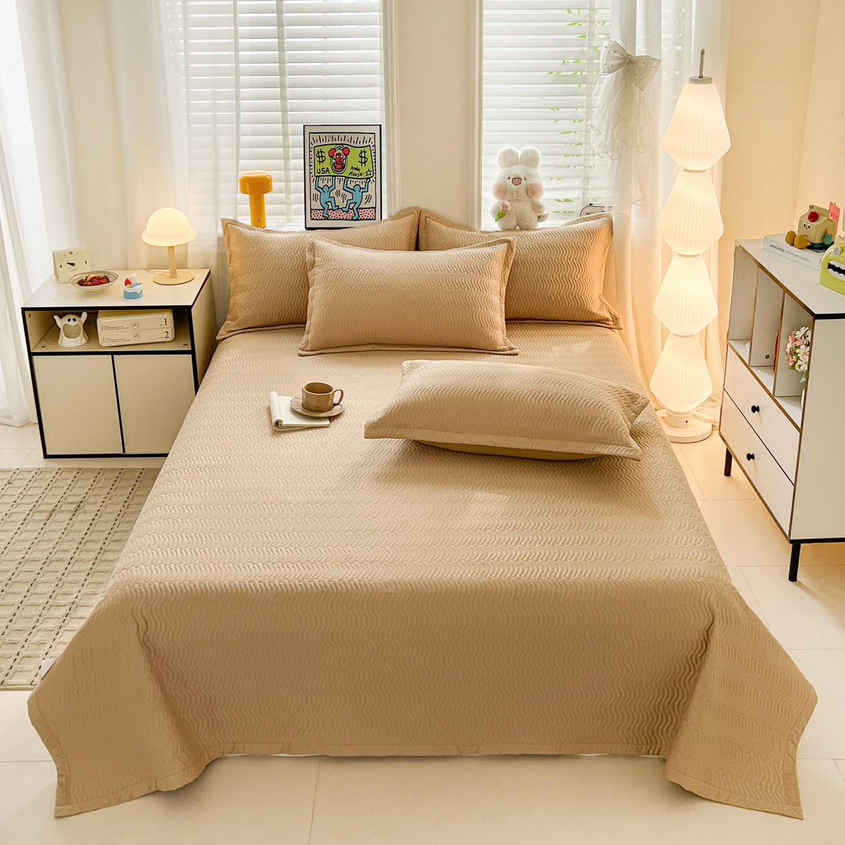 91家纺网 家纺一手货源 找家纺 梦精灵家纺 2026新款纯色全棉床盖单件纯棉绗缝夹棉床单 四季通用榻榻米防滑学生宿舍单人床盖枕套 素境-咖