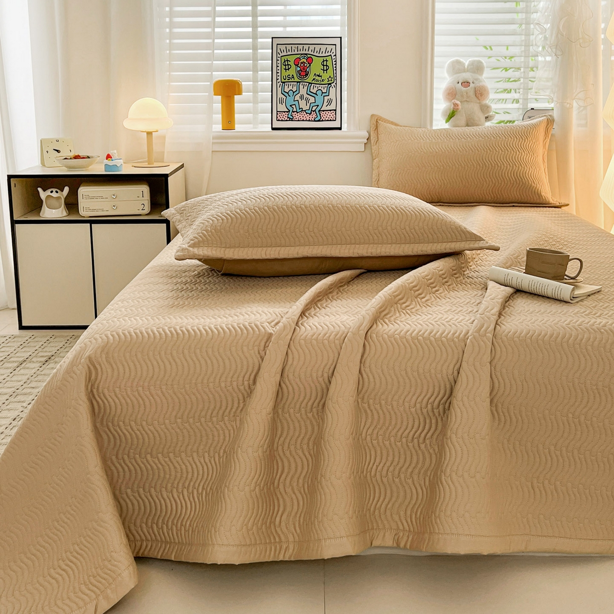 91家纺网 家纺一手货源 找家纺 梦精灵家纺 2026新款纯色全棉床盖单件纯棉绗缝夹棉床单 四季通用榻榻米防滑学生宿舍单人床盖枕套 素境-咖