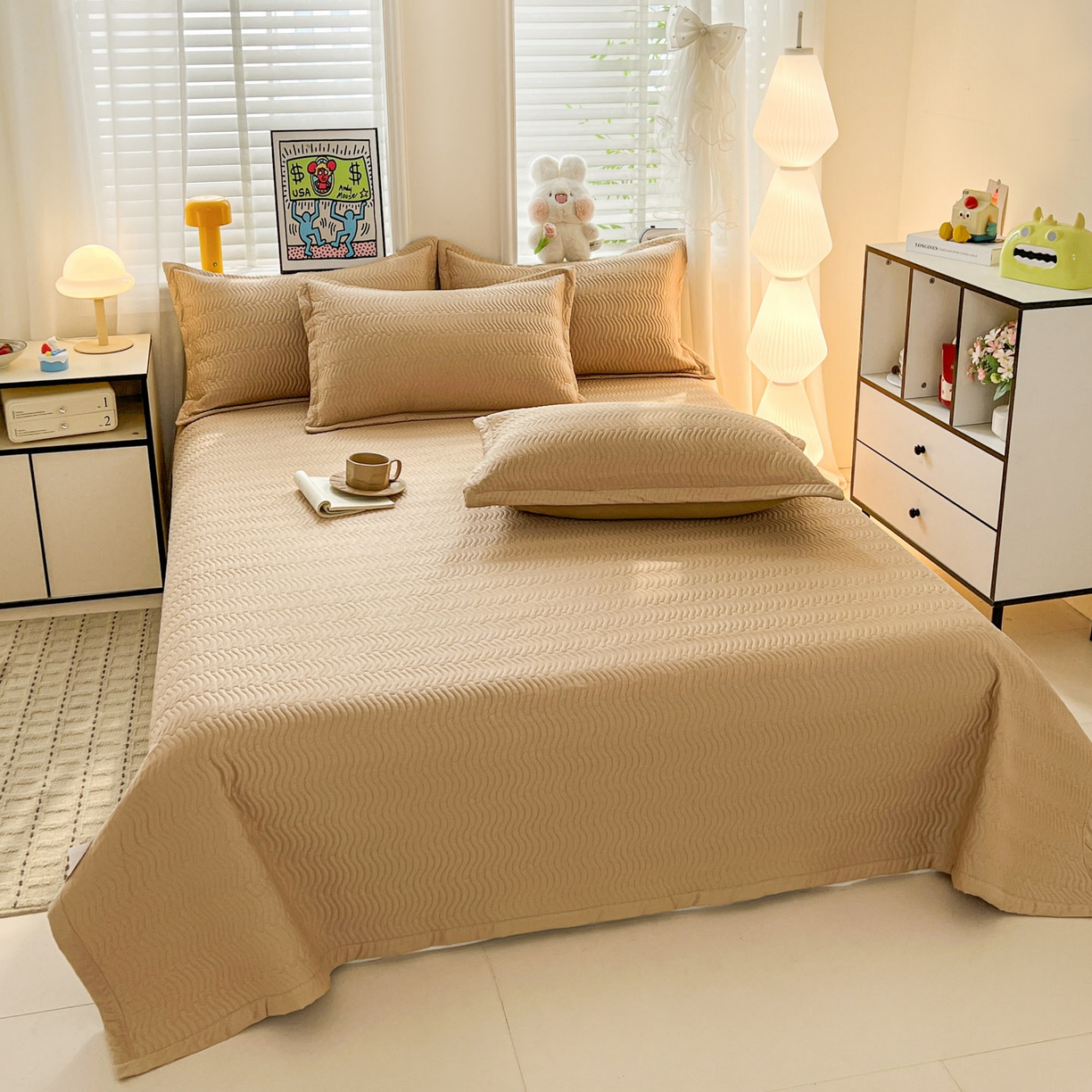 91家纺网 家纺一手货源 找家纺 梦精灵家纺 2026新款纯色全棉床盖单件纯棉绗缝夹棉床单 四季通用榻榻米防滑学生宿舍单人床盖枕套 素境-咖