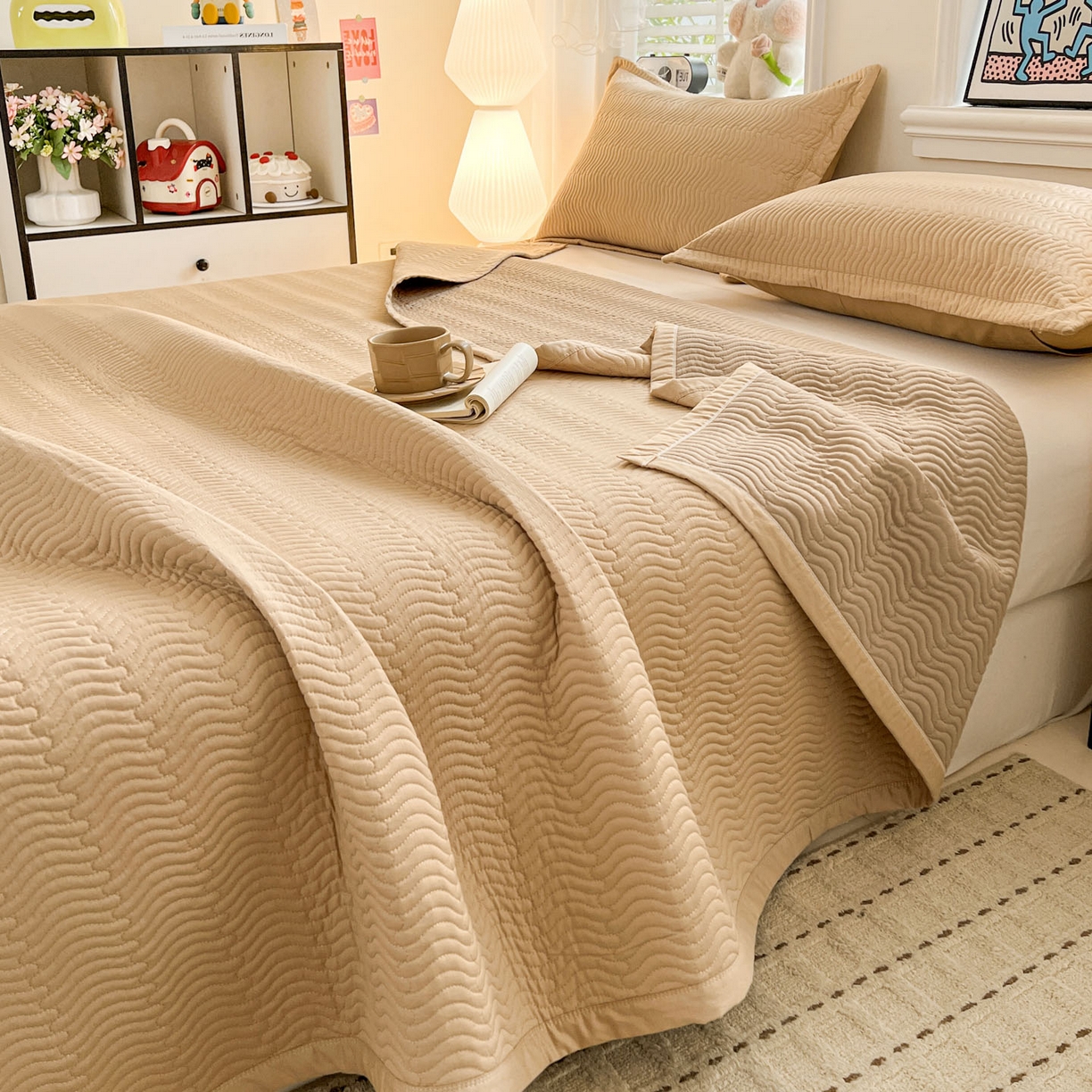 91家纺网 家纺一手货源 找家纺 梦精灵家纺 2026新款纯色全棉床盖单件纯棉绗缝夹棉床单 四季通用榻榻米防滑学生宿舍单人床盖枕套 素境-咖