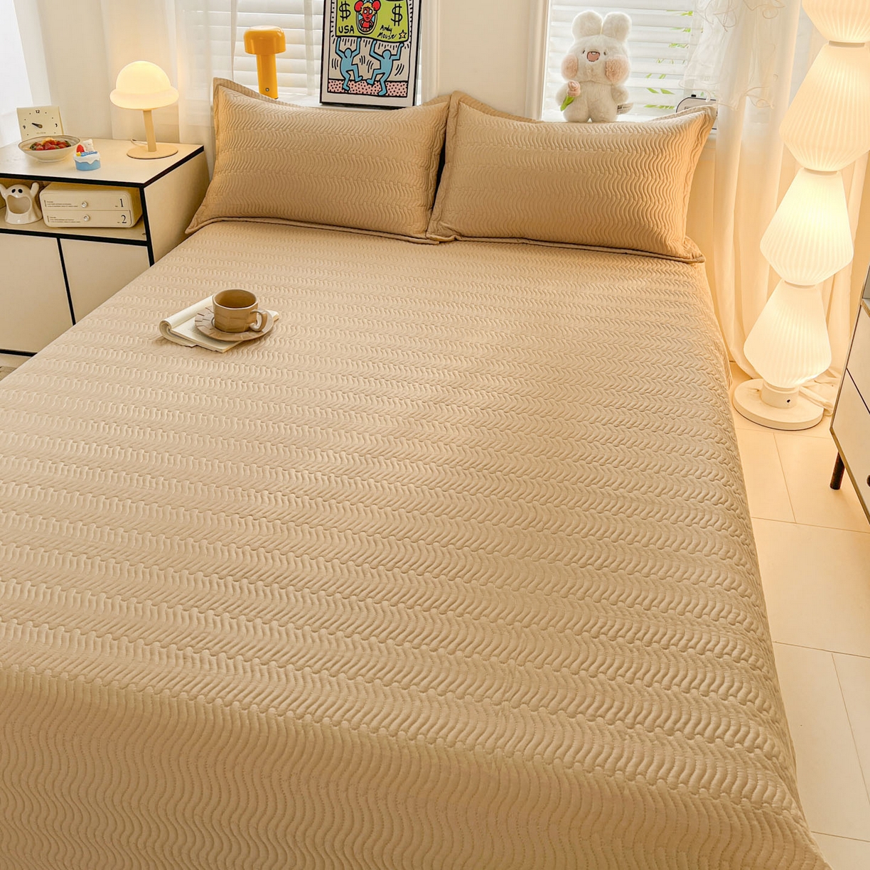 91家纺网 家纺一手货源 找家纺 梦精灵家纺 2026新款纯色全棉床盖单件纯棉绗缝夹棉床单 四季通用榻榻米防滑学生宿舍单人床盖枕套 素境-咖