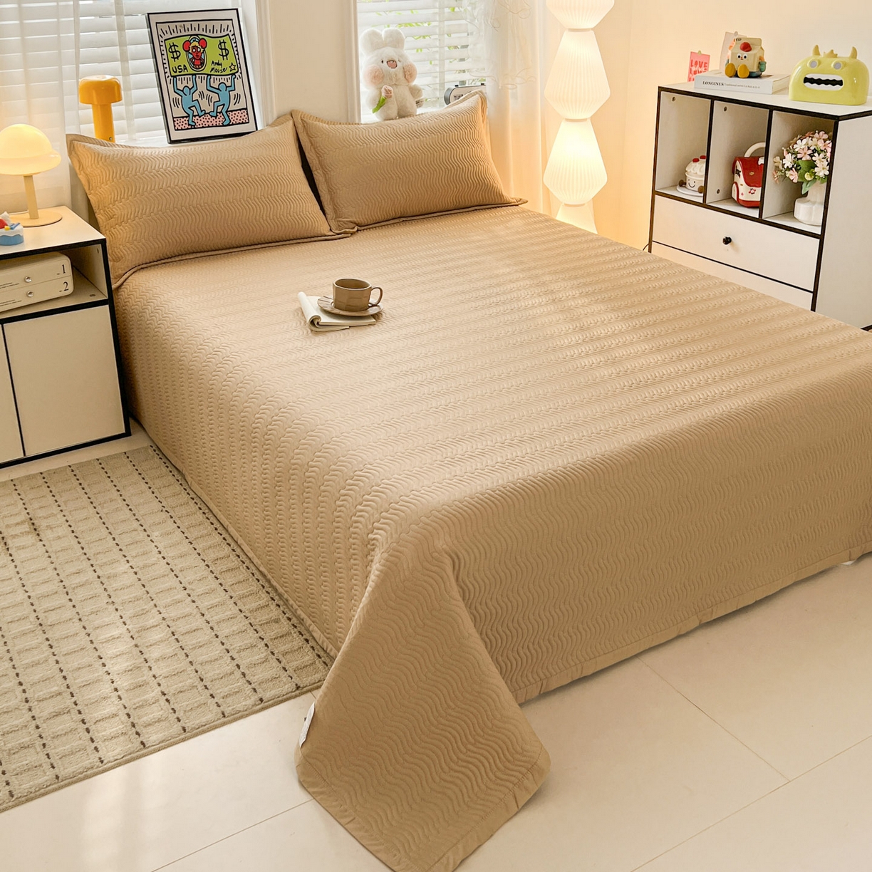 91家纺网 家纺一手货源 找家纺 梦精灵家纺 2026新款纯色全棉床盖单件纯棉绗缝夹棉床单 四季通用榻榻米防滑学生宿舍单人床盖枕套 素境-咖