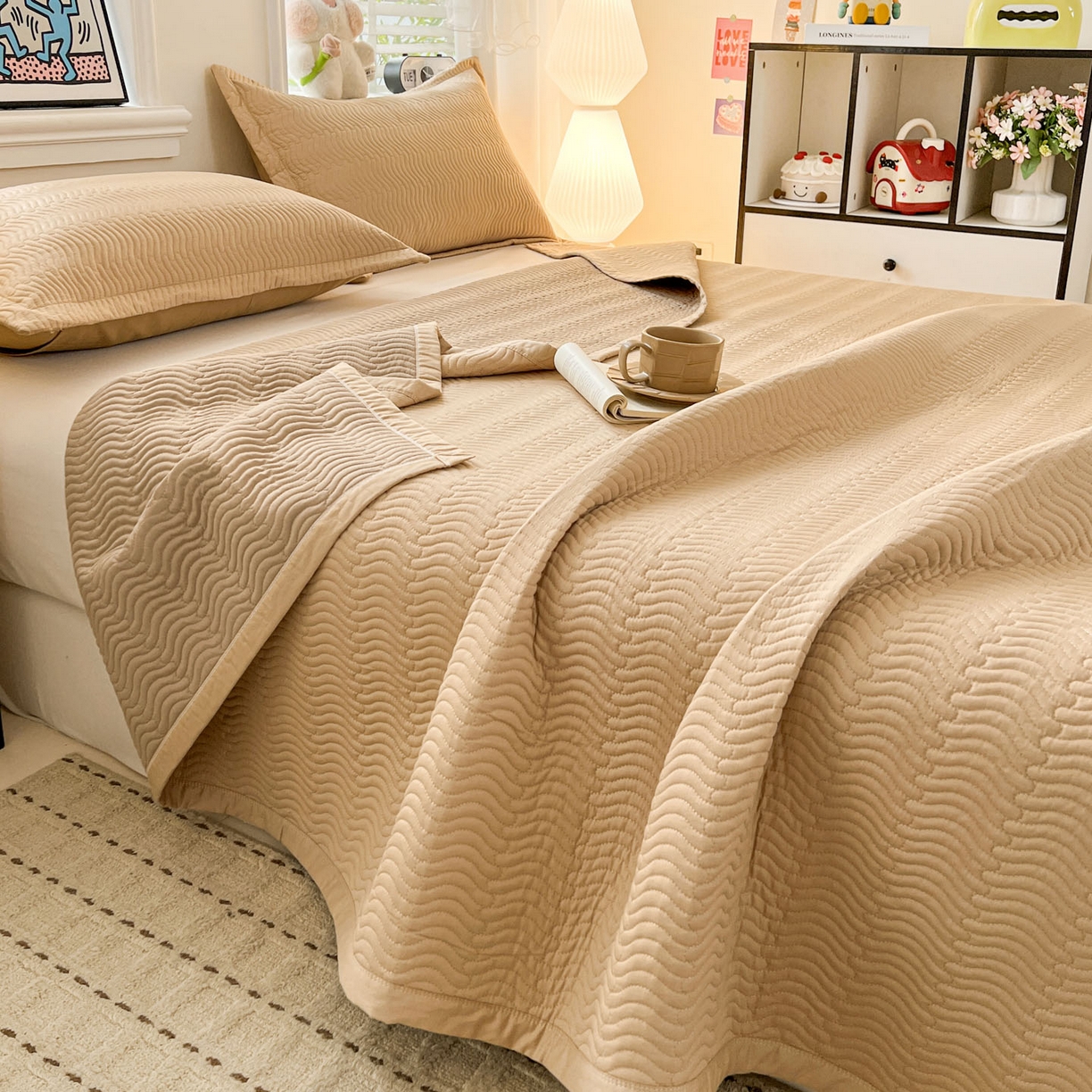 91家纺网 家纺一手货源 找家纺 梦精灵家纺 2026新款纯色全棉床盖单件纯棉绗缝夹棉床单 四季通用榻榻米防滑学生宿舍单人床盖枕套 素境-咖