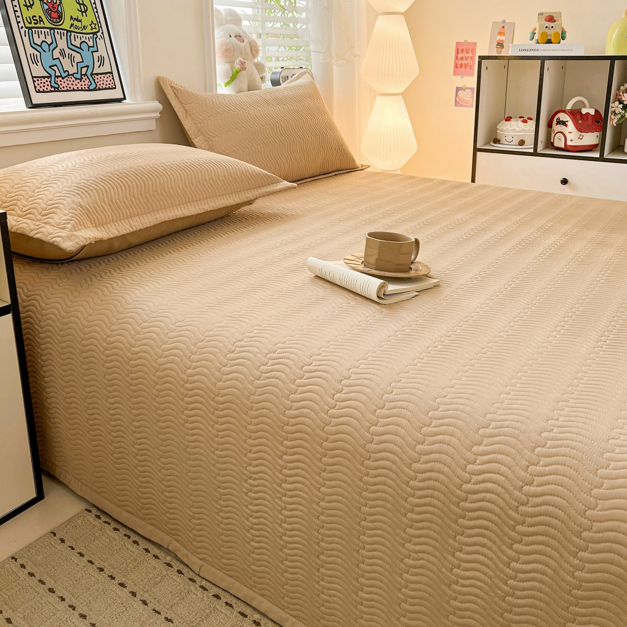 91家纺网 家纺一手货源 找家纺 梦精灵家纺 2026新款纯色全棉床盖单件纯棉绗缝夹棉床单 四季通用榻榻米防滑学生宿舍单人床盖枕套 素境-咖