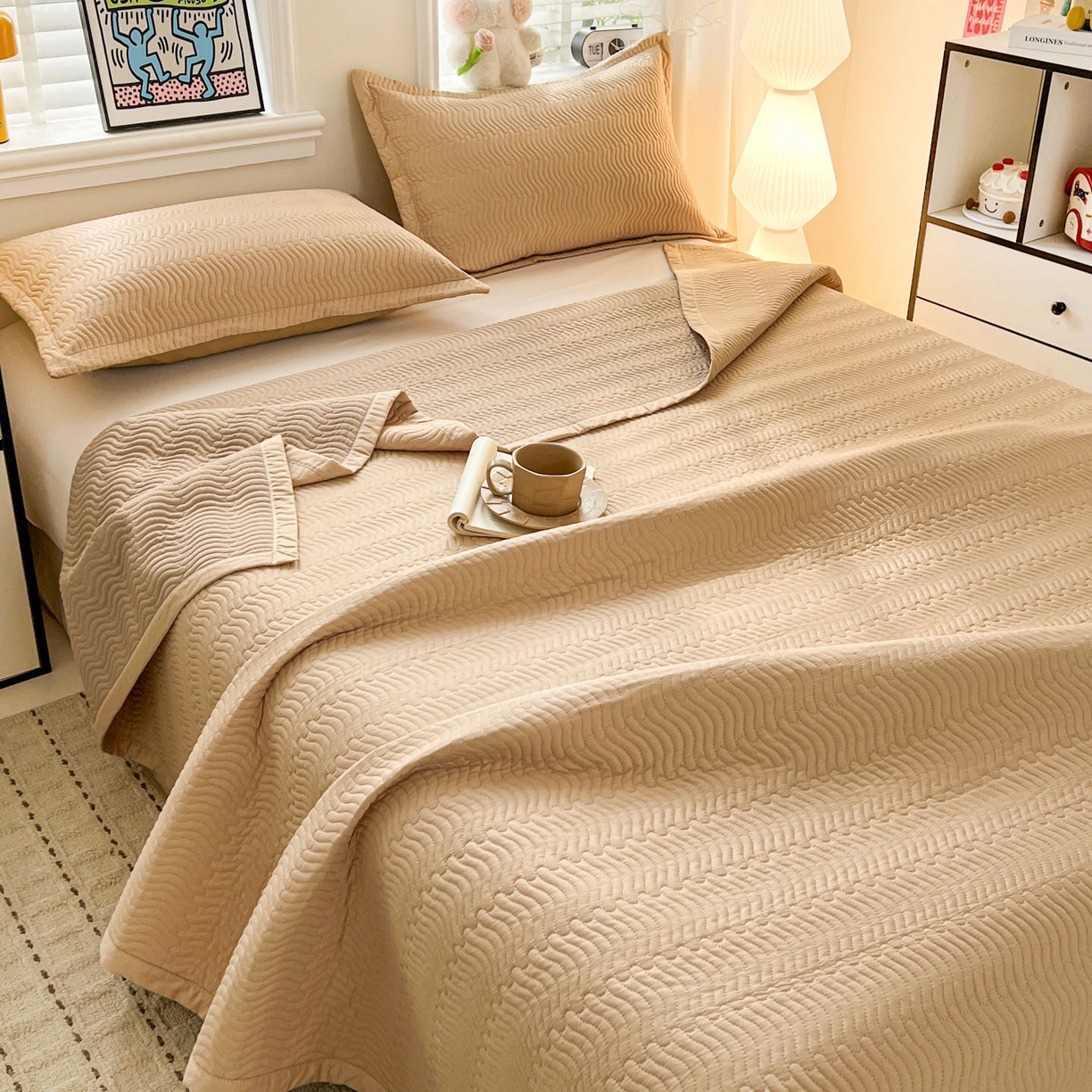 91家纺网 家纺一手货源 找家纺 梦精灵家纺 2026新款纯色全棉床盖单件纯棉绗缝夹棉床单 四季通用榻榻米防滑学生宿舍单人床盖枕套 素境-咖